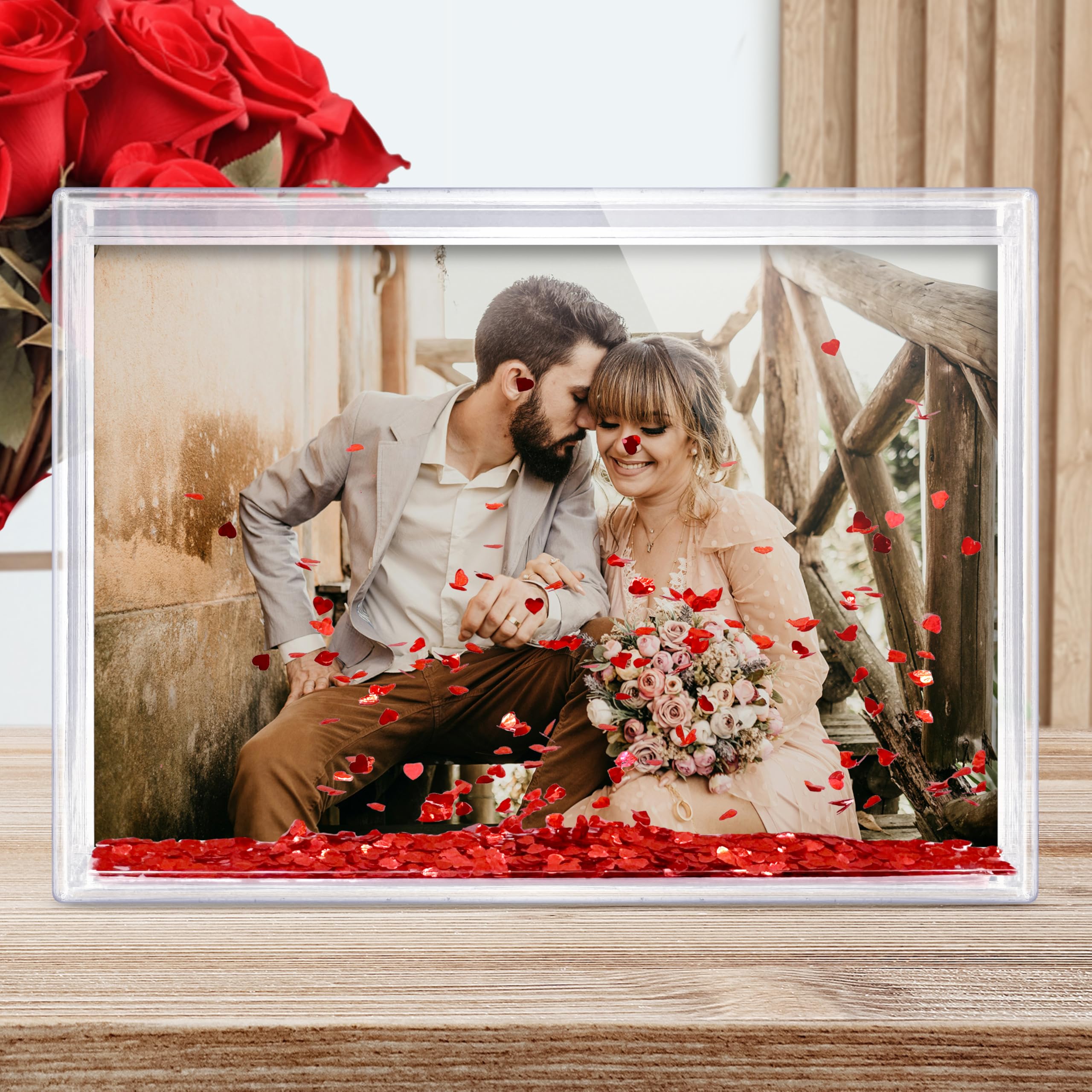 printplanet® - Personalisierter Schüttelrahmen mit Foto - 3D Bilderrahmen mit Herzchen-Füllung und eigenem Foto gestalten - Acryl-Fotoblock