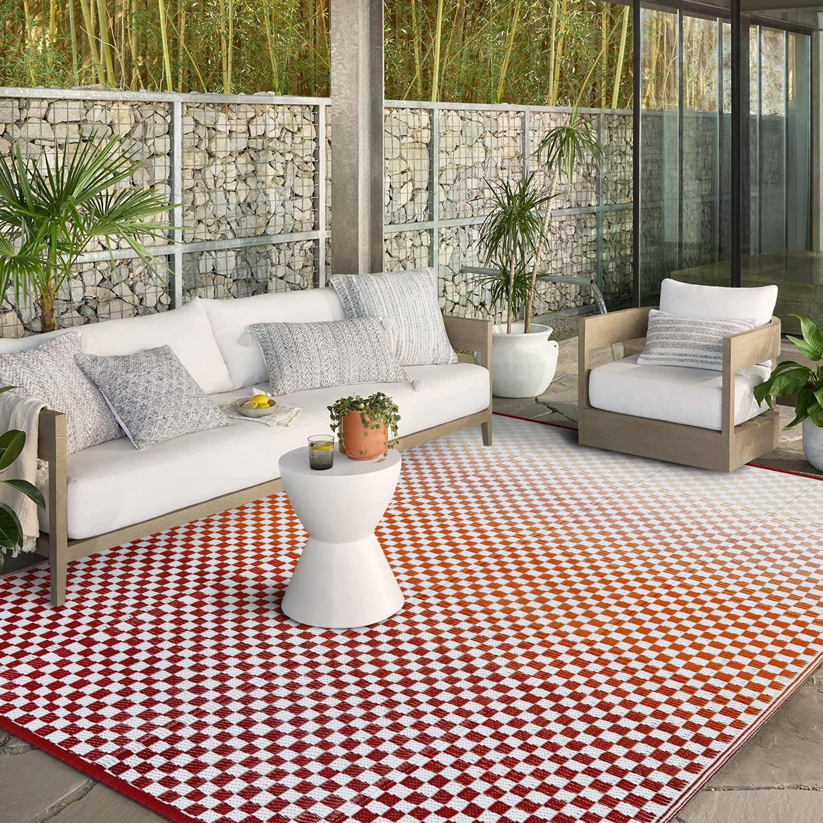 Wonnitar Waterproof 9x12 Outdoor Rug - Orange Red Gradient Plastic Straw Rug for Patio, Extra Large Portable Outside Mat for RV Camping Deck,