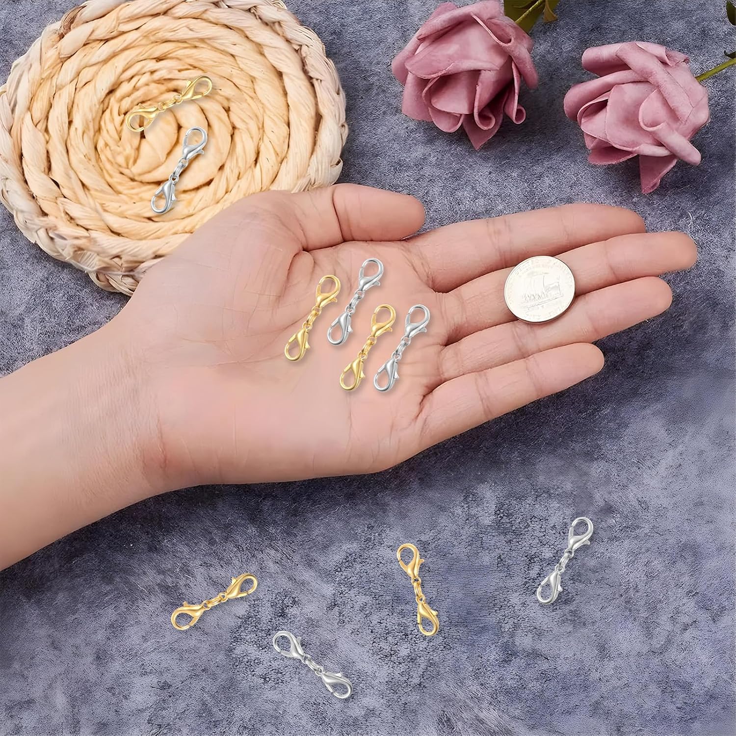10 Pcs Double Lobster Clasp Necklace Chain Extenders Bracelet Clasp Connector Gold Silver Lobster Claw Clasps Double Opening Jewelry Clasps for DIY Jewelry Making
