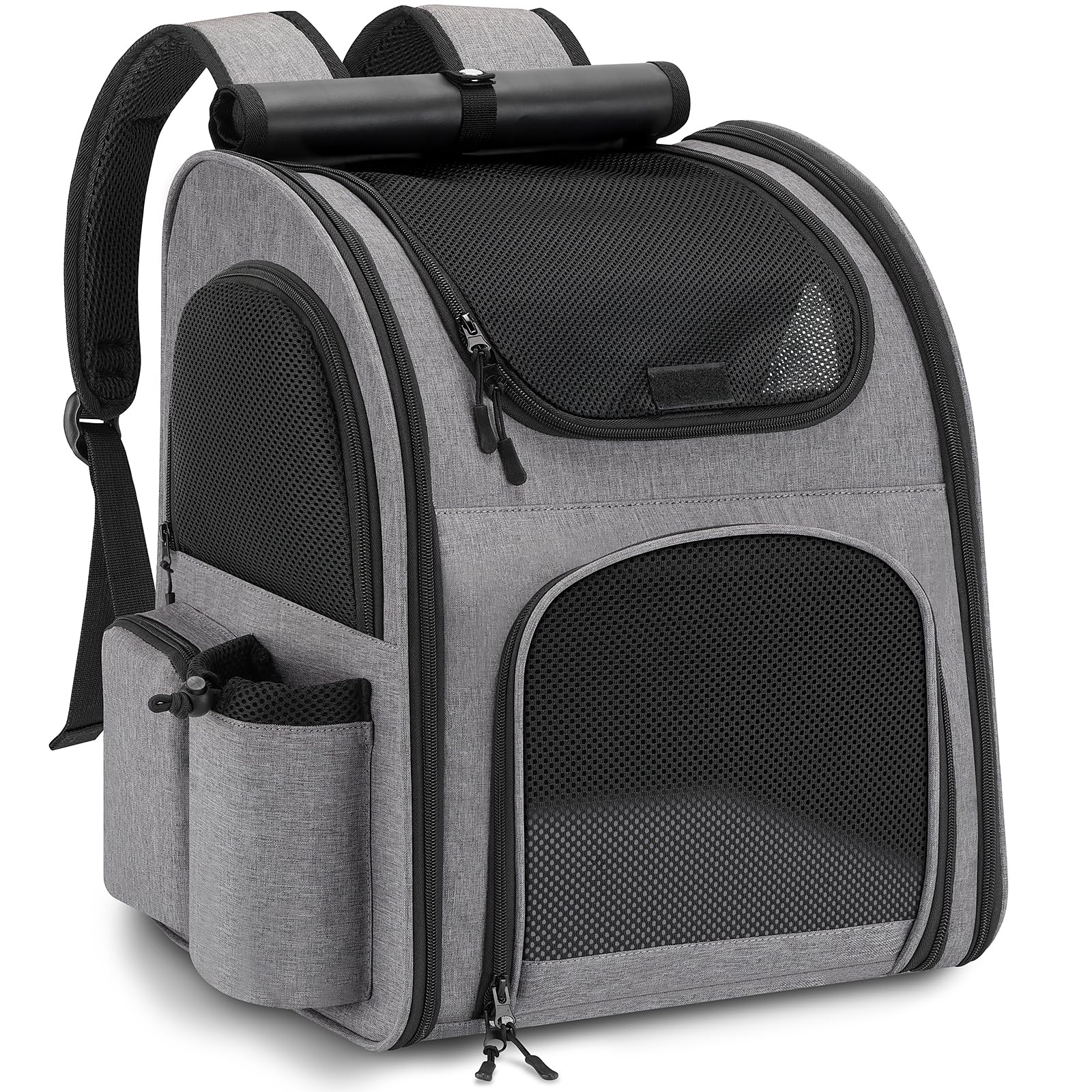 Zaino per Cani Gatti, Grande Zaino Gatto Cane 10 kg, Traspirante Zaino Porta Cane Gatto con Finestra a Rete, Zaino Trasportino Cani Gatto con Guinzaglio Interno e Tappetino per Viaggi - Grigio