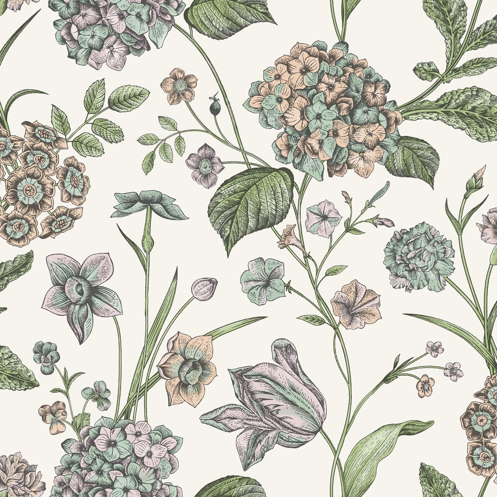 SOPHIE LAURENCE Hydrangea Garden Flowers Cream, Multi-Coloured Floral Wallpaper for Bedroom, Living Room Decor, Washable Wall Paper Paste, 10m Roll for Interior Design