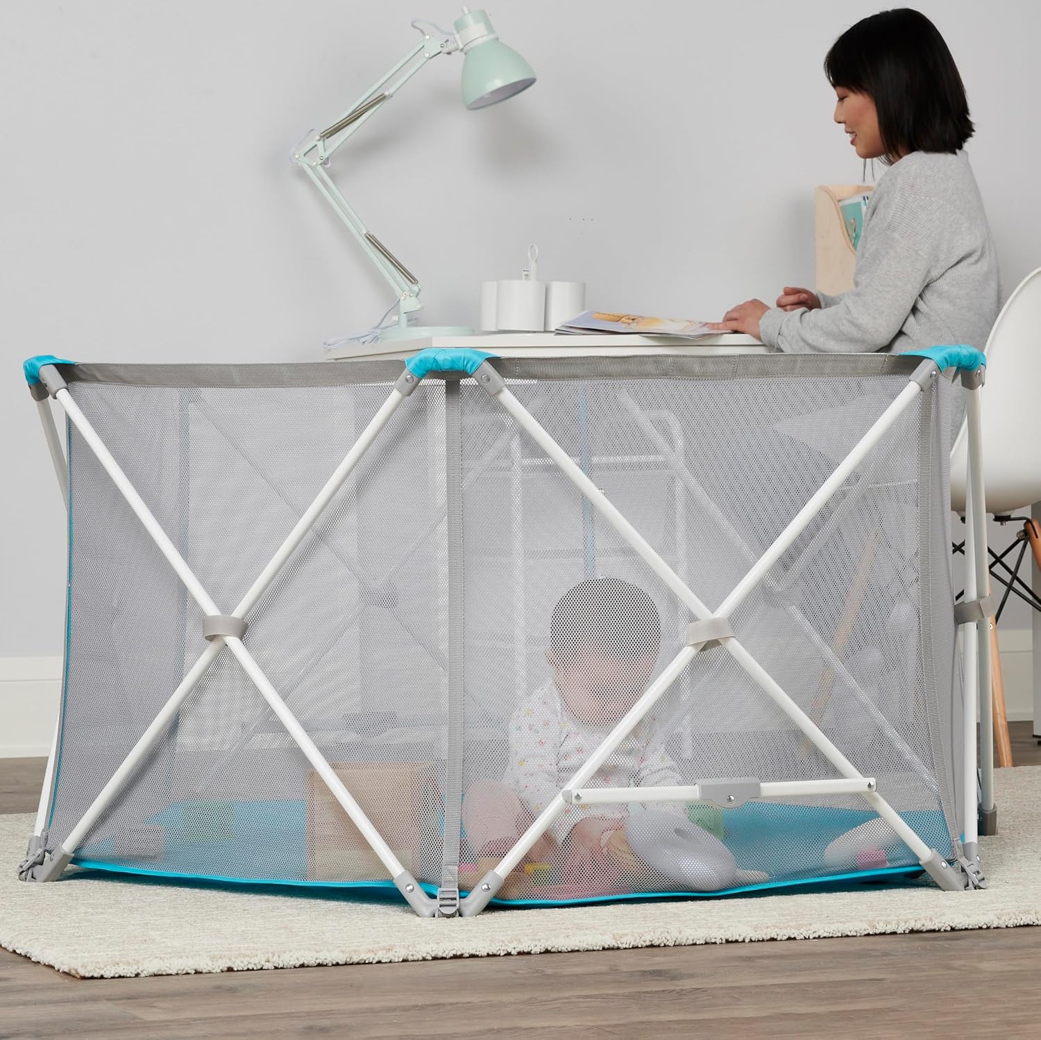 Regalo Safety My Play Portable Baby Playpen & Play Yard, Foldable 6-Panel Indoor Outdoor Playpen for Babies & Toddlers, Mesh Sides, Washable Fabric, 48”, Aqua/White