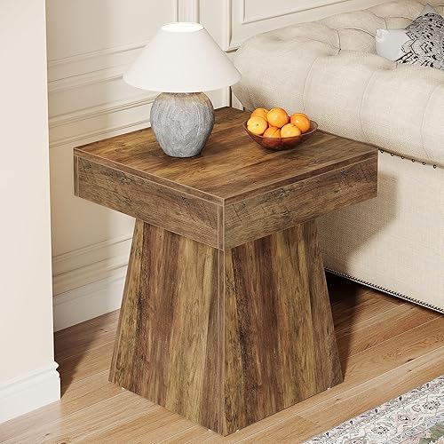 Miniatura 4 de Tribesigns Juego de 2 mesas auxiliares pequeñas, mesa auxiliar cuadrada rústica con base ancha, mesita de noche pequeña de granja junto a la cama,