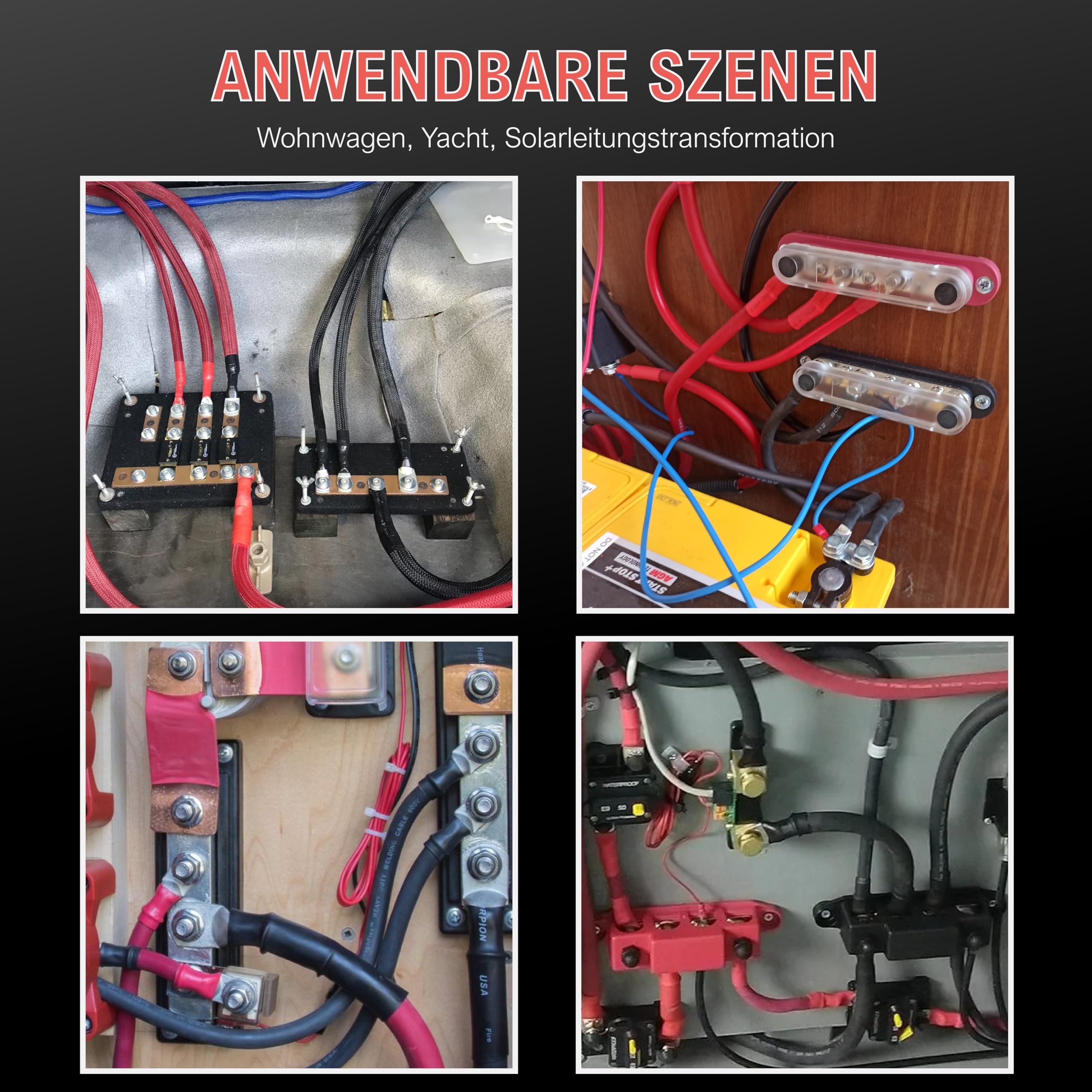 250A DC M8 Sammelschienen-Verteilerblock 12V-48V – 4x M8 Klemmenbolzen – Stromverteiler für Wohnmobile, Boote, LKW, Solaranlagen – Hochleistung