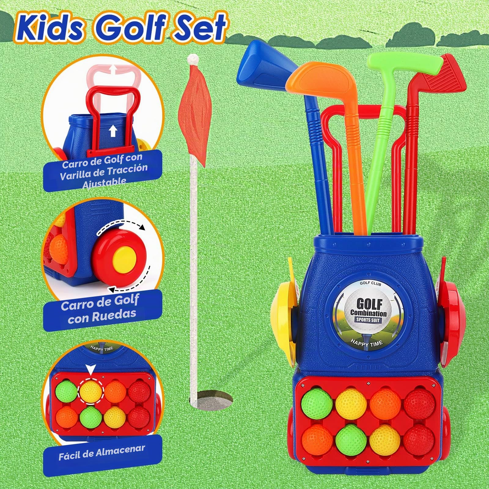 deAO Juego de Golf para Niños, Mini Golfista Plástico, con 4 Palos de Golf, 8 Pelota de Golf, Carro de Golf, Juguete Educativo Temprano Infantiles 3 4 5 6 años