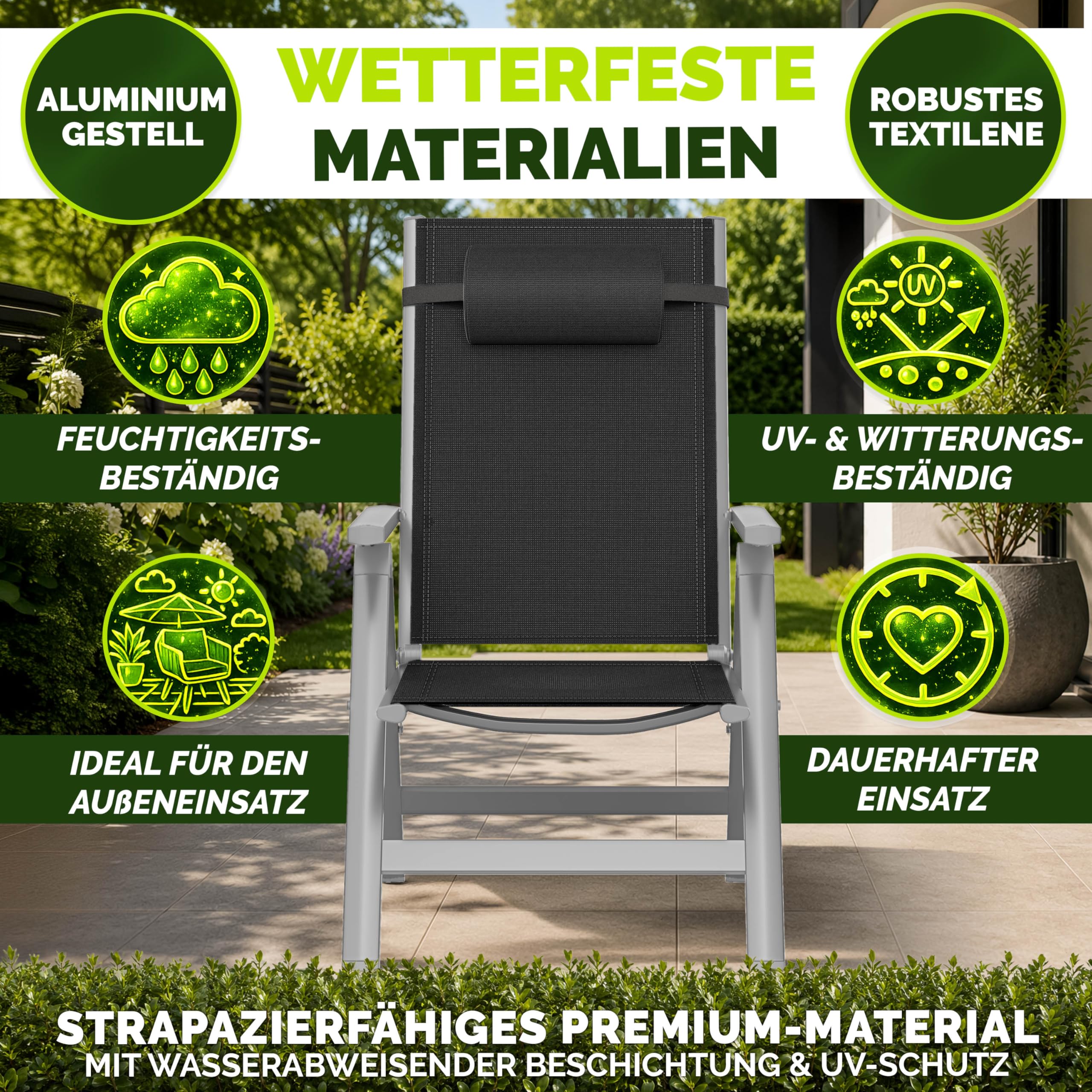 tillvex® Gartenstuhl Hochlehner 6er Set mit Kopfkissen | Klappstuhl mit Armlehnen 7-Fach Verstellbar | Campingstuhl Klappbar Wetterfest | Gartenstühle Aluminium