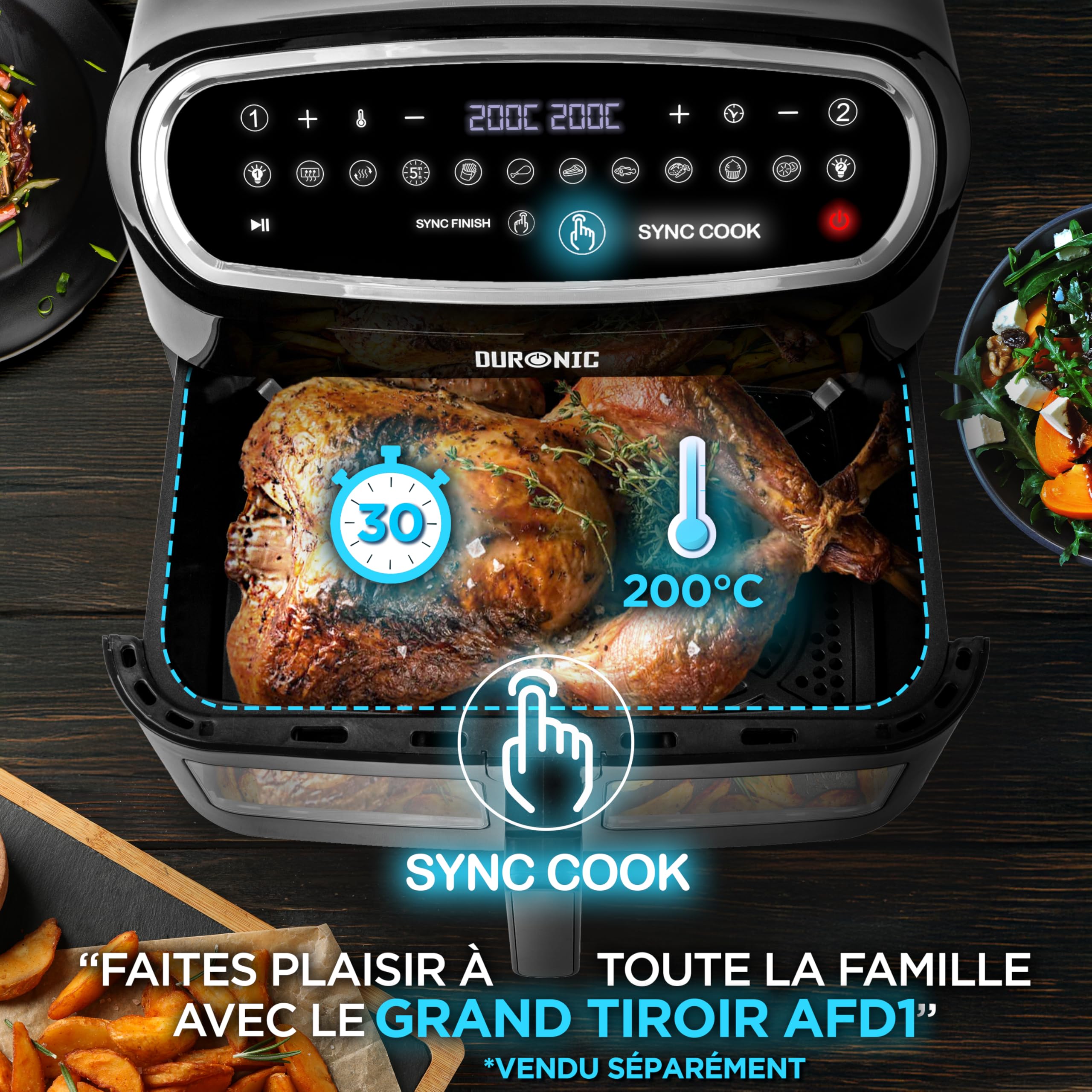 Duronic AF34 BK Set Friteuse à Air avec 1 grand tiroir de 10L et 2 petits tiroirs de 5L inclus | 10 Programmes de Cuisson Préréglés | Sans huile | Fonctions Sync Cook Sync Finish | Cuisson saine sans huile 10 programmes préréglés 1 grand tiroir de 10 litr