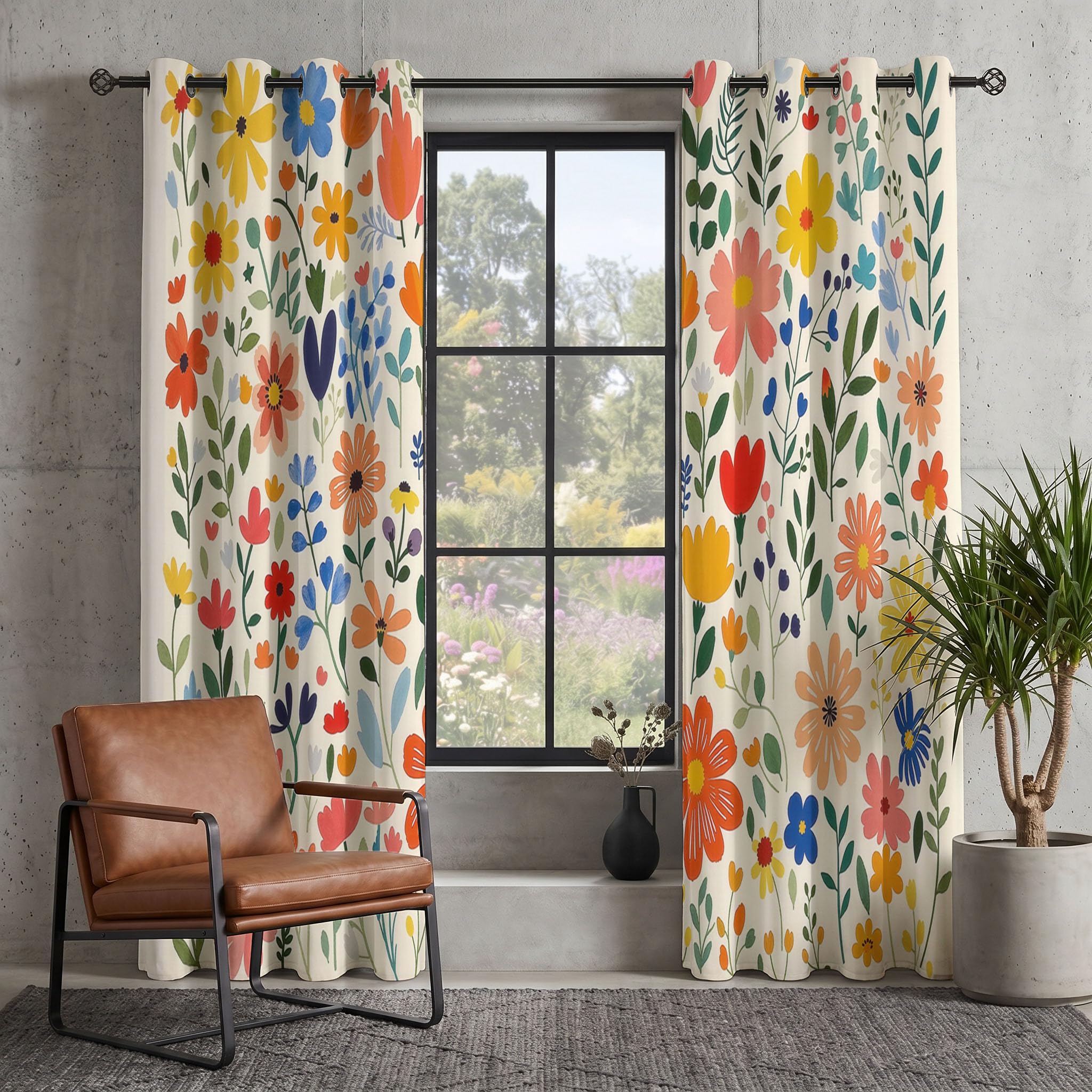 Handbemalte Blumen Blätter Vorhänge, Schöne Landschaft Vorhang Blickdicht Thermo Verdunkelungsvorhänge Mit Ösen - Beige Gardinen Wohnzimmer Schlafzimmer Fenster - H214 x B91.5 cm (2er Pack)