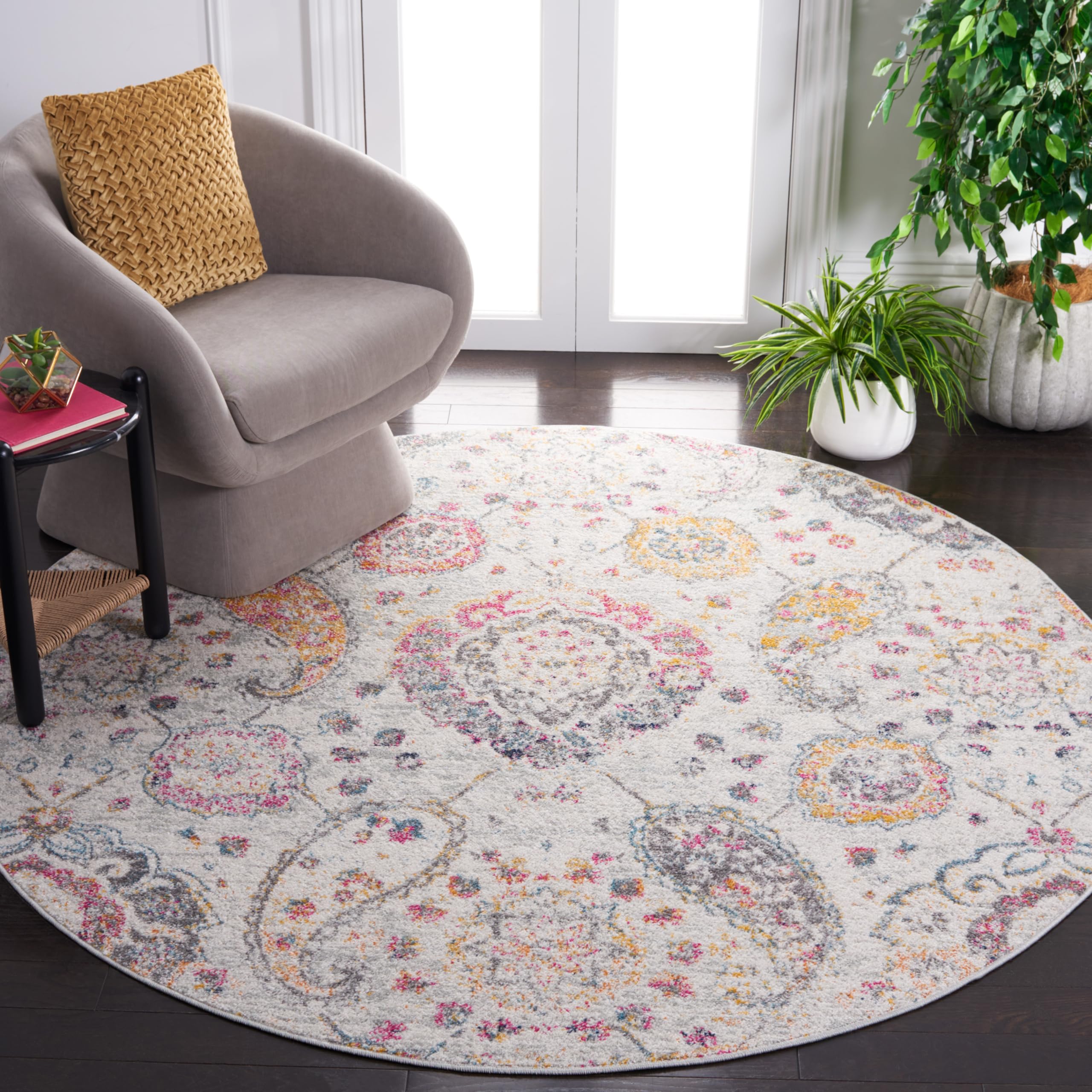 SAFAVIEH Madison Collection Area Rug - 6'7" Round, Grey & Gold, Boho Chic Glam Paisley Design, Non-Shedding & Easy Care, Ideal for High Traffic Areas