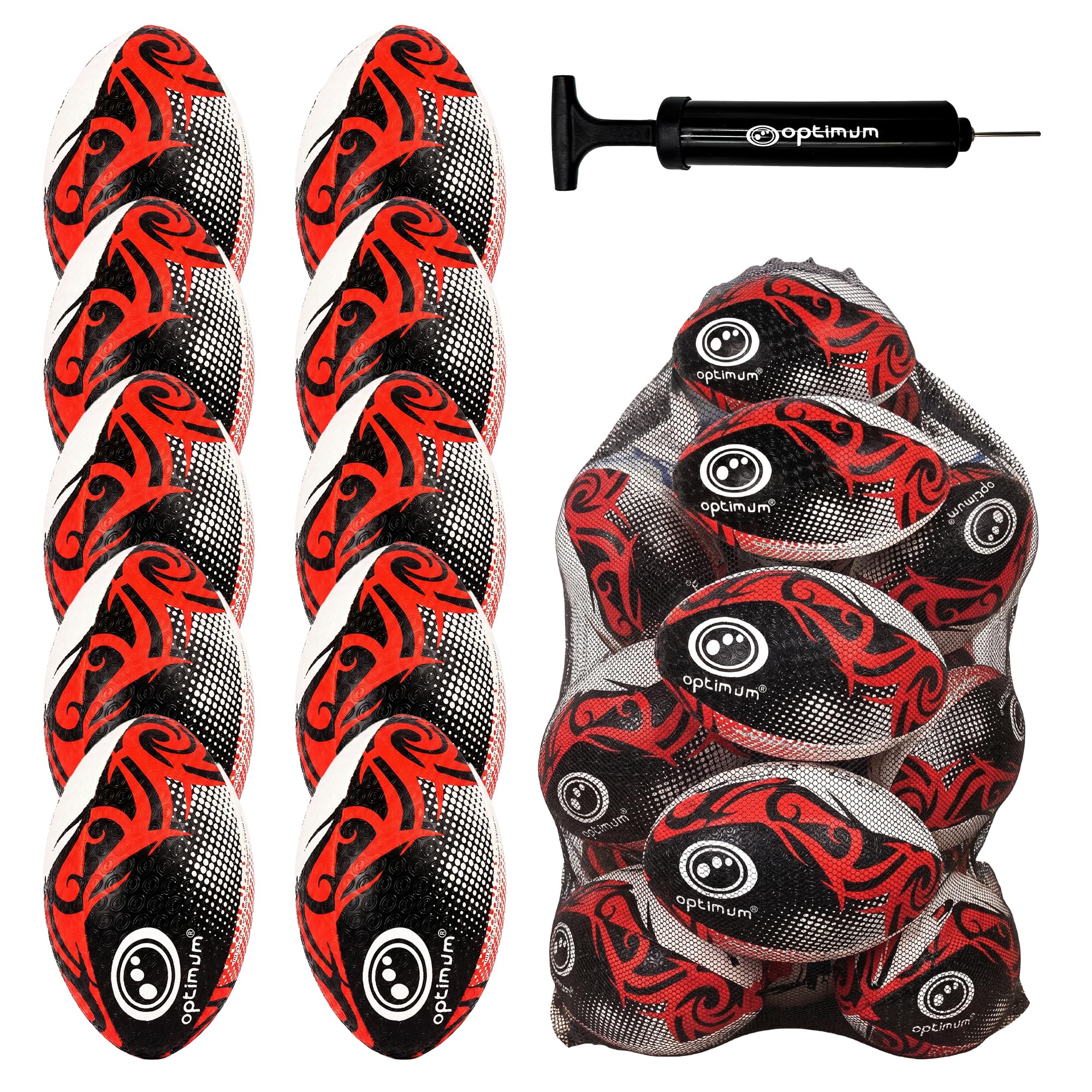 Optimum Razor Rugby Ball Bulk Pack with Bag & Ball Pump, Professional Training & Match-Day Ball, Natural Rubber Grip & Balanced Weight for Elite Handling, Control & Accuracy – 10 Pack, Red, Size 5