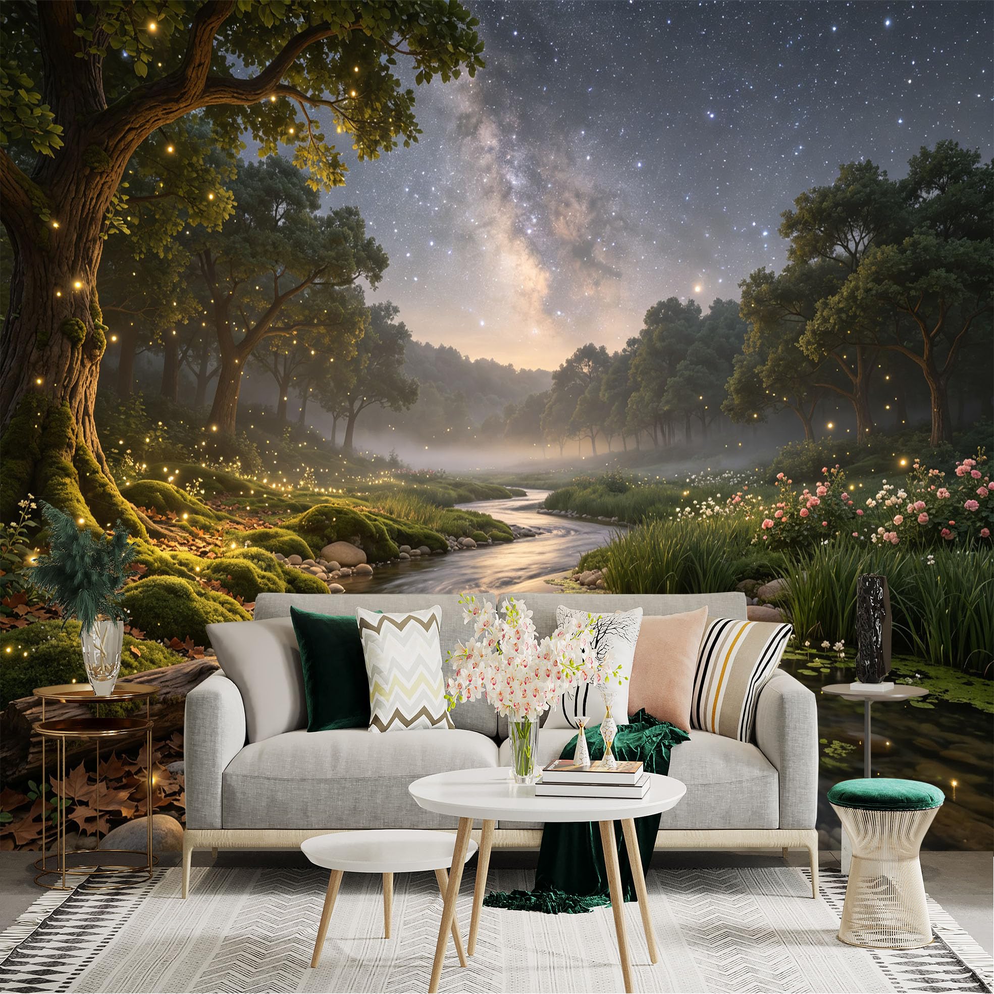 Lnzczhyre Bh260719151 Custom Size Wall Sticker Mural， Enchanted Forest Stream， Glowing Fireflies， Milky Way Night Sky， Lush Mossy Riverbank， For Wall Decoration， Peelandstick Wall Decals.