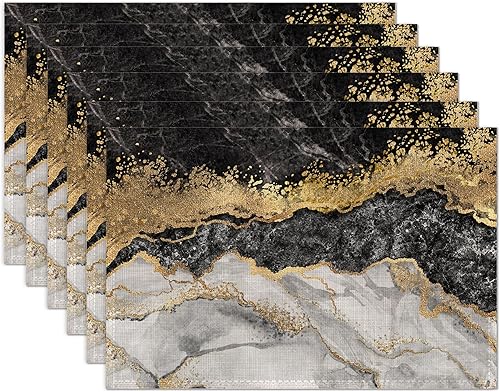 Juego de 6 manteles individuales de mármol negro y dorado, lavables para mesa de cocina, comedor, resistentes al calor, para decoración de fiestas