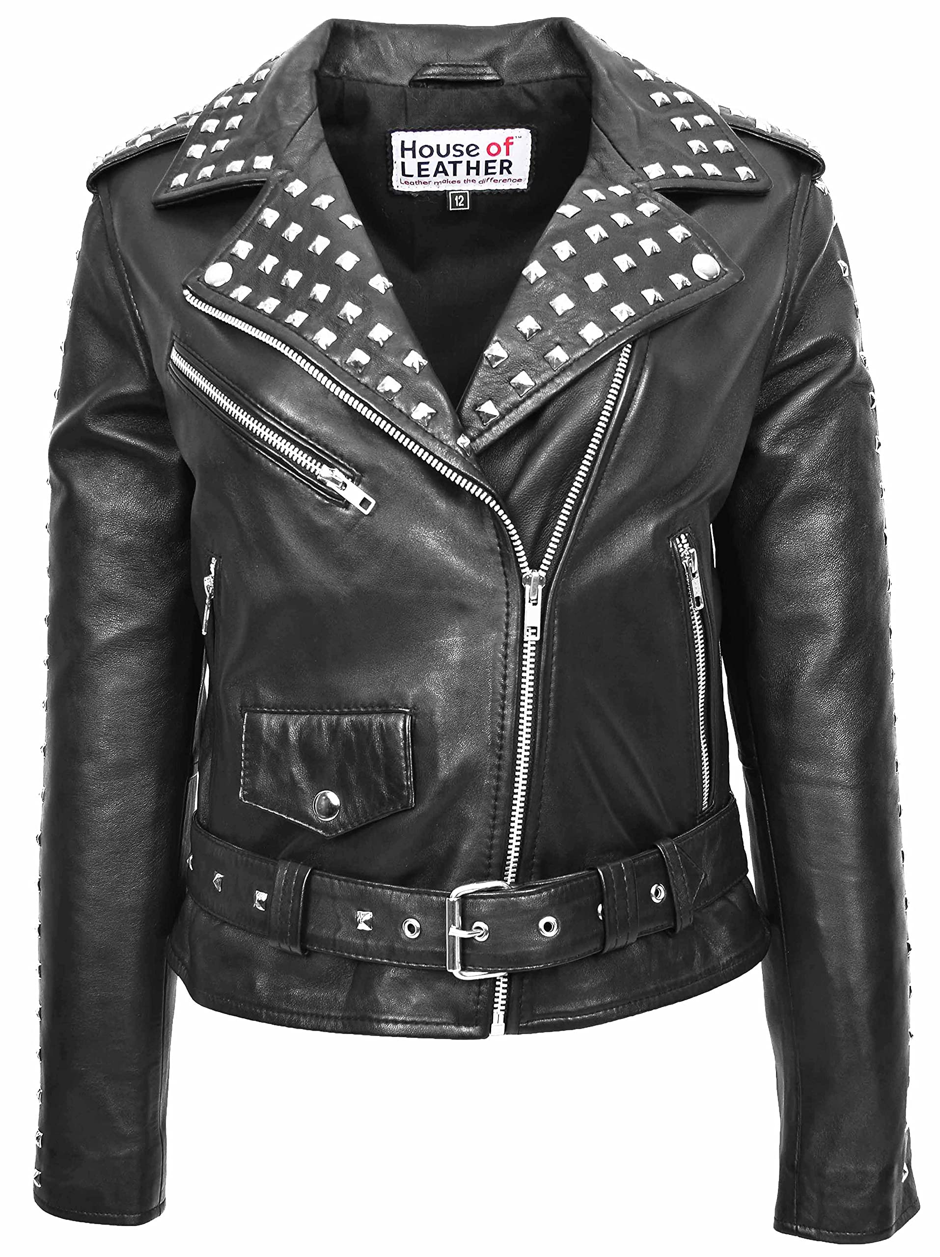 House Of Leather Women's Black Real Leather Biker Jacket Studded Brando Jacket Heidi (16)