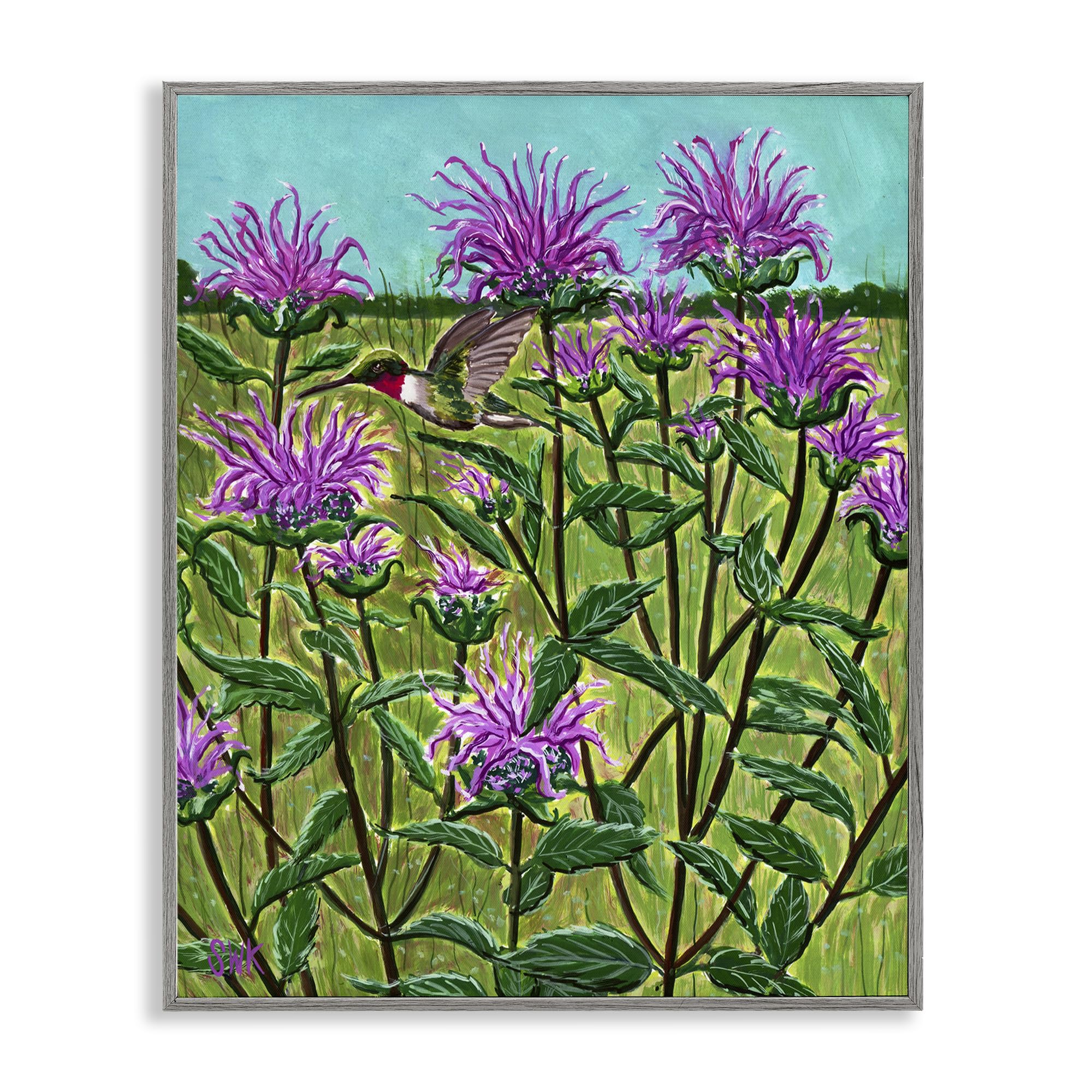 Stupell Industries Farmhouse Gray (Textured) 'Ruby Throated Hummingbird & Beebalm'| Framed Giclee Art