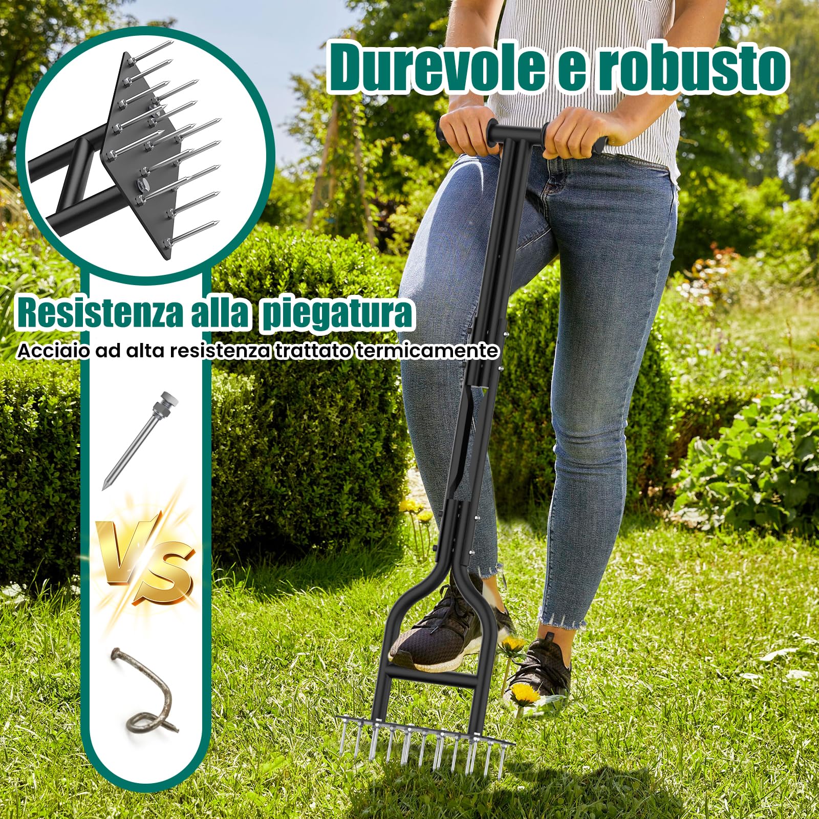 HYCHIKA Arieggiatore per Prato Manuale, 15 Pezzi di Punte in Acciaio Massiccio, Scarificatore per Prato, Aeratore per Prato Giardino