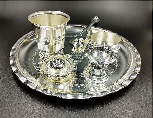 Miniatura 4 de NOBILITY Juego de 8 pulgadas de Subh Labh Pooja Thali chapado en plata para el festival del templo Mandir, étnico, Puja Thali, regalo para Diwali,