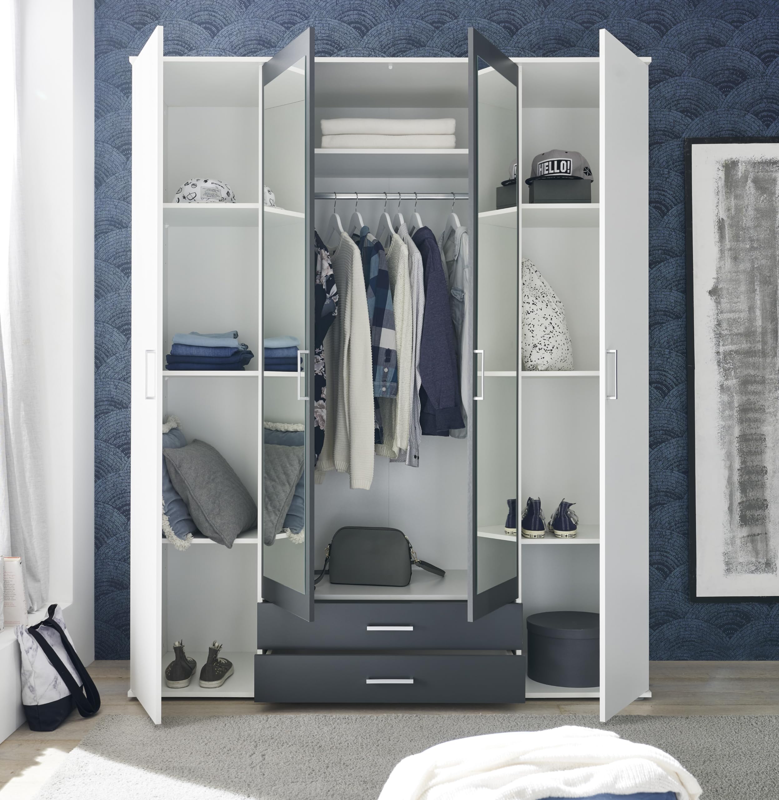 AVANTI TRENDSTORE Hanu - Armadio in legno laminato a 2 ante a battente in legno, 2 ante con specchio e 2 cassetti. Disponibile nel colore bianco/grafite. Dimensioni LxAxP 160x196x54 cm