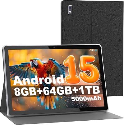 Byybuo 10.1 inch Android 15 Tablet With Case, 8GB RAM + 64GB ROM + 1TB TF Expand, 5MP+8MP Camera, WiFi 6, BT5.4, 1280 * 800 IPS, 5000mAh, Dual Speakers, SmartPad android tablets, Gray