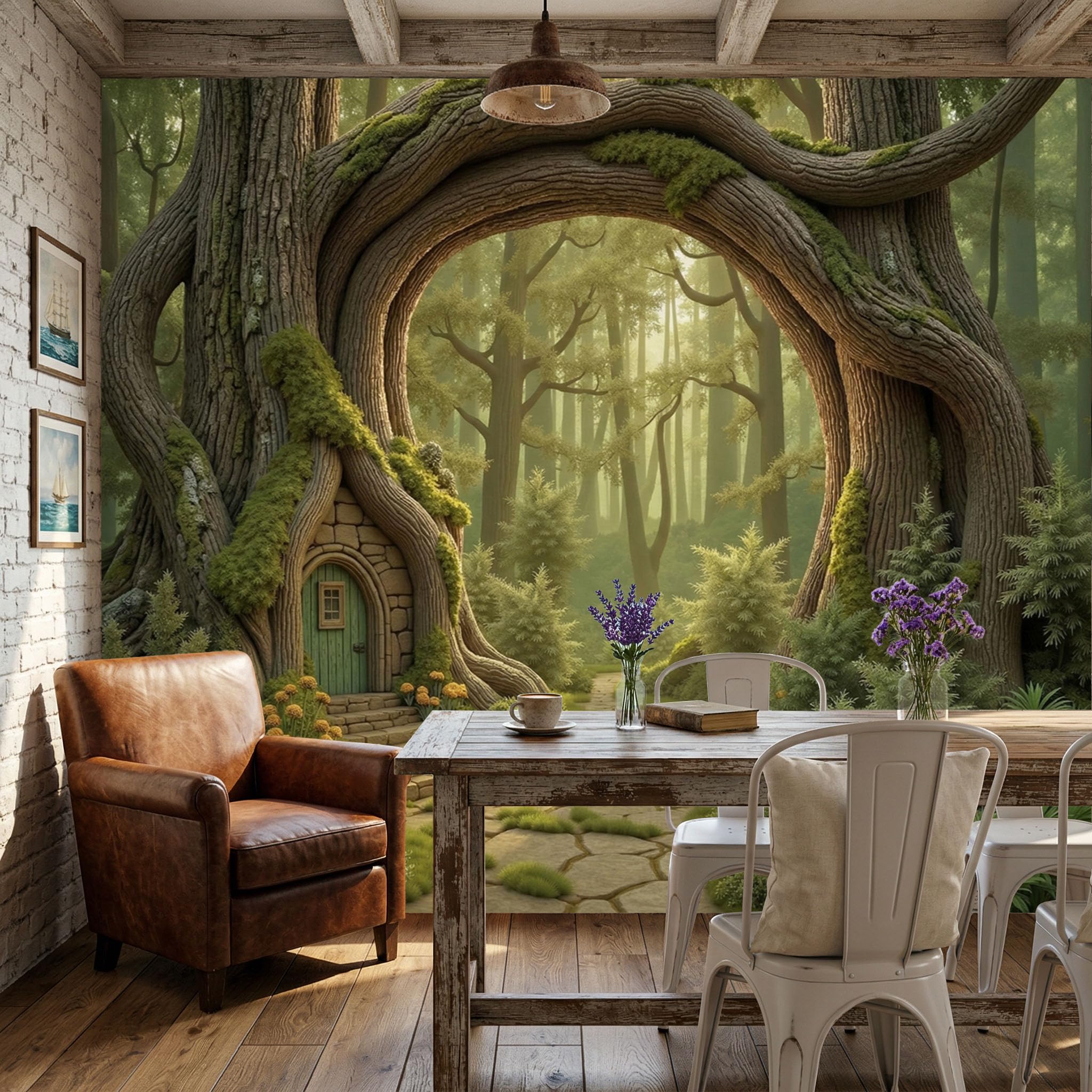 Papier peint arche d'arbre vintage vert olive pour créer un havre de paix dans le salon