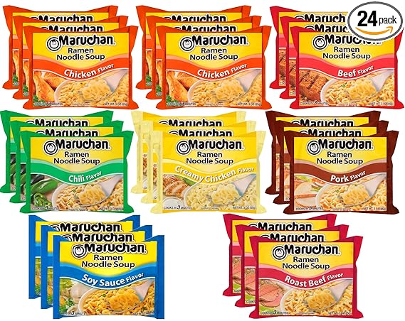 Maruchan Ramen Noodle Soup Variety, 7 Flavors, 3 Ounce Single Servings (Pack of 24)