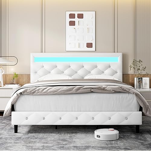 TTVIEW Base de cama de tamaño matrimonial con luces LED, marco de cama de plataforma de cuero con cabecera tapizada ajustable, luces LED de control