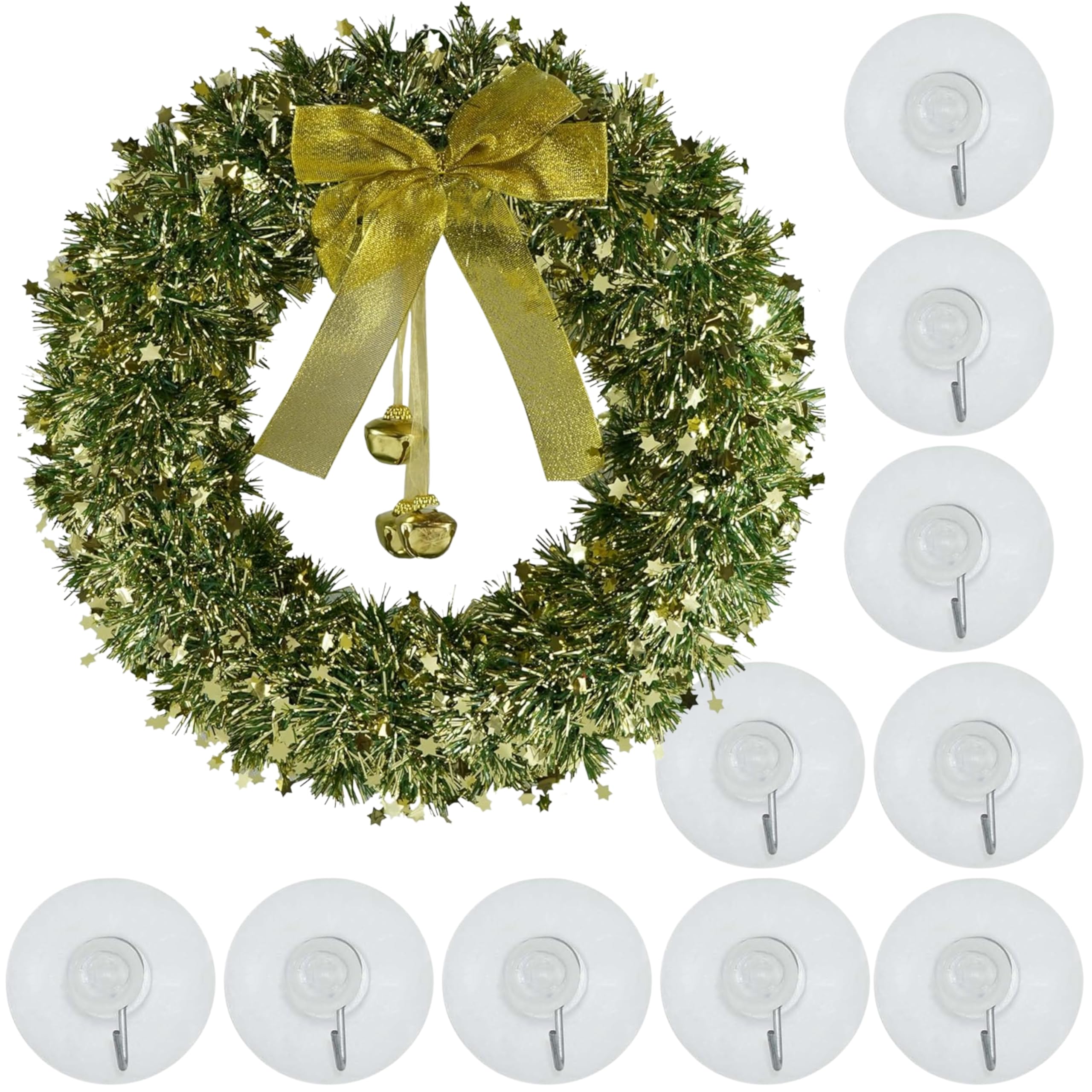 SRV Hub Transparent Suction Hooks and 40cm Large Christmas Wreath, 10x Heavy Duty Window Hooks, Green Xmas Door Wreath with Bells & Bow, Indoor Outdoor Holiday Decoration