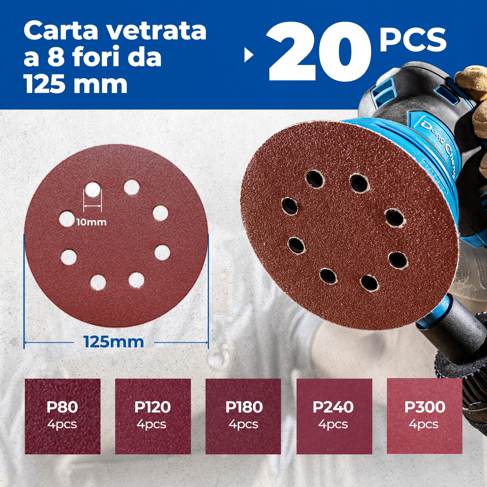 Dong Cheng Levigatrice eccentrica 380 W, 125 mm, 6 vel., orbitale 8000-12800 giri/min, con depolveratore, 20 dischi abrasivi, ideale per legno