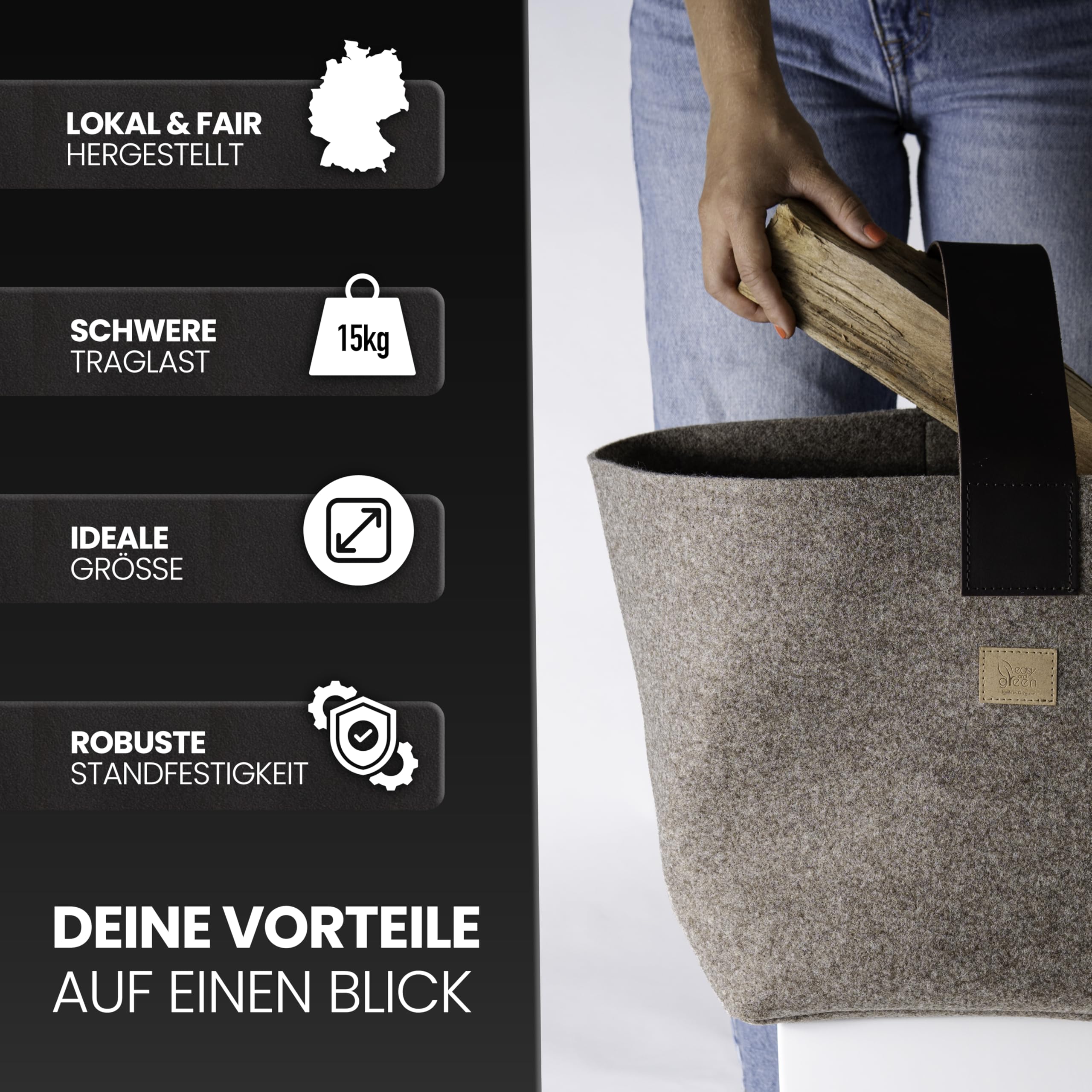 Kontor28 Kaminholzkorb Aus Filz - 40 Liter - Made In Germany - Mit Lederhenkel & Herausnehmbarem Boden