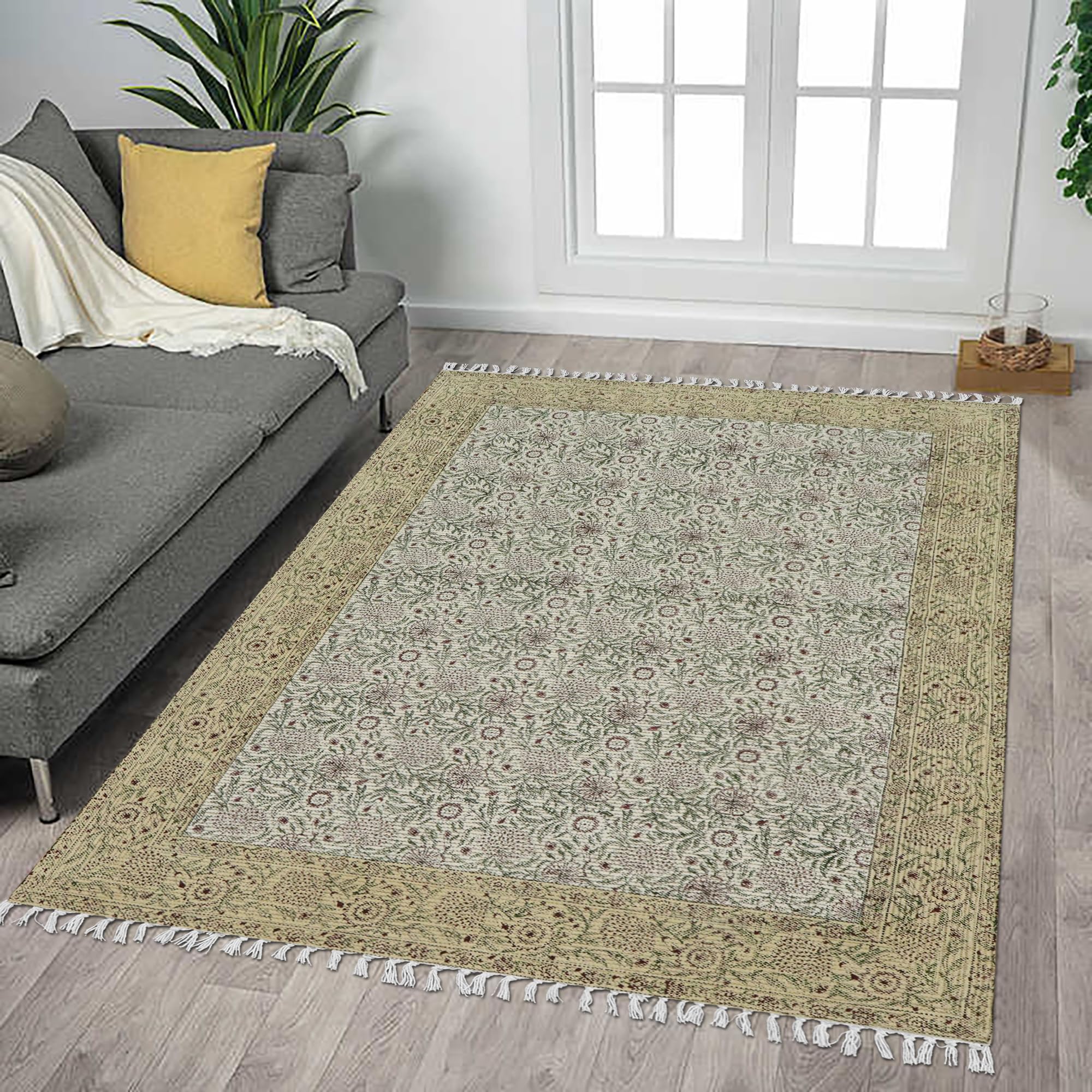 Kelim-Teppich aus Baumwolle, handbedruckt, 3 m, quadratisch, waschbar, 0,5 cm, Handwäsche, Flachgewebe, Braun und Beige, Blumenmuster, für drinnen und draußen, für Küche, Yoga