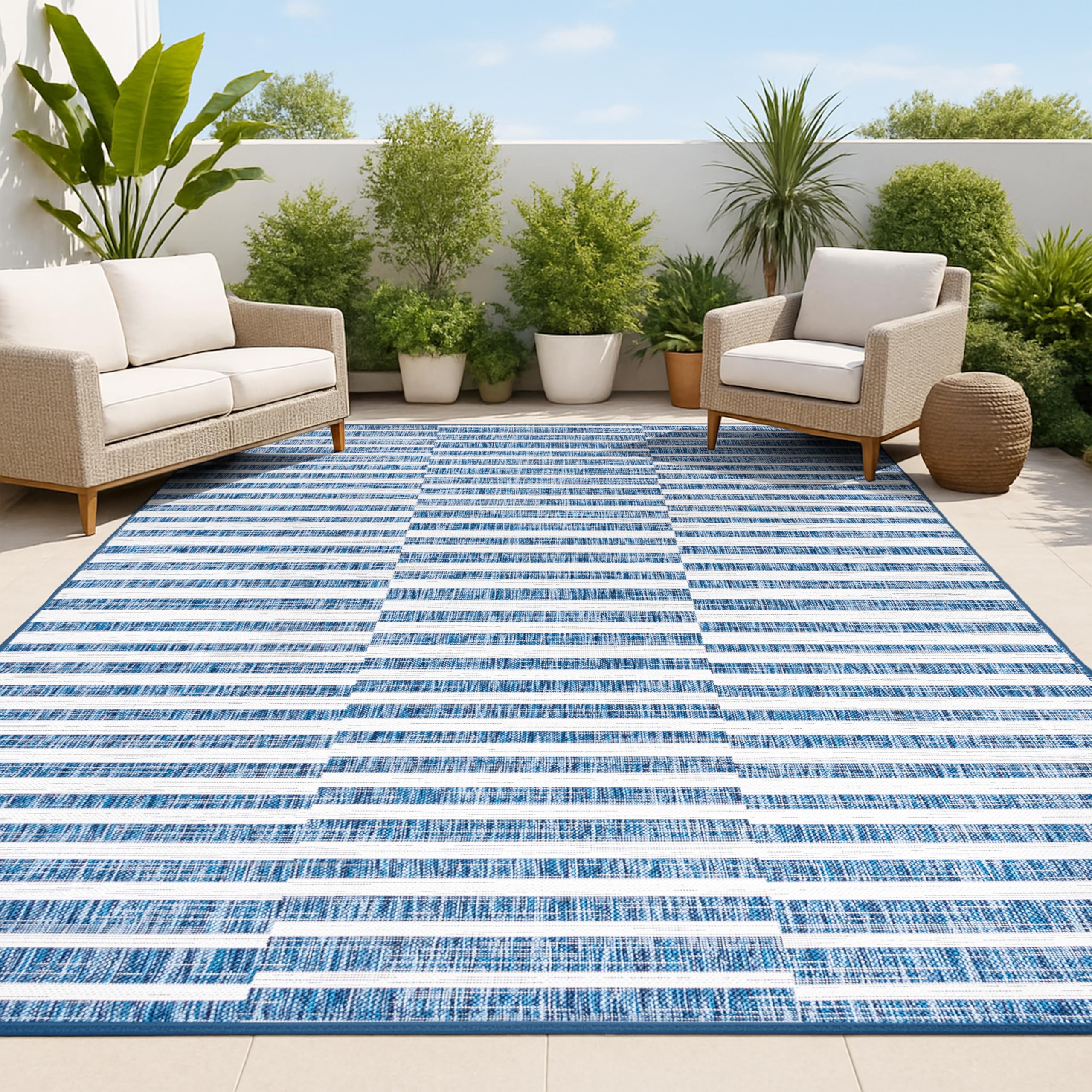 JONATHAN Y Offset Stripe Indoor Outdoor Area Rug 4X6 Blue/Ivory, Sukie Modern for Backyard, Patio, Porch, Easy-Cleaning, High Traffic, Pet-Friendly,