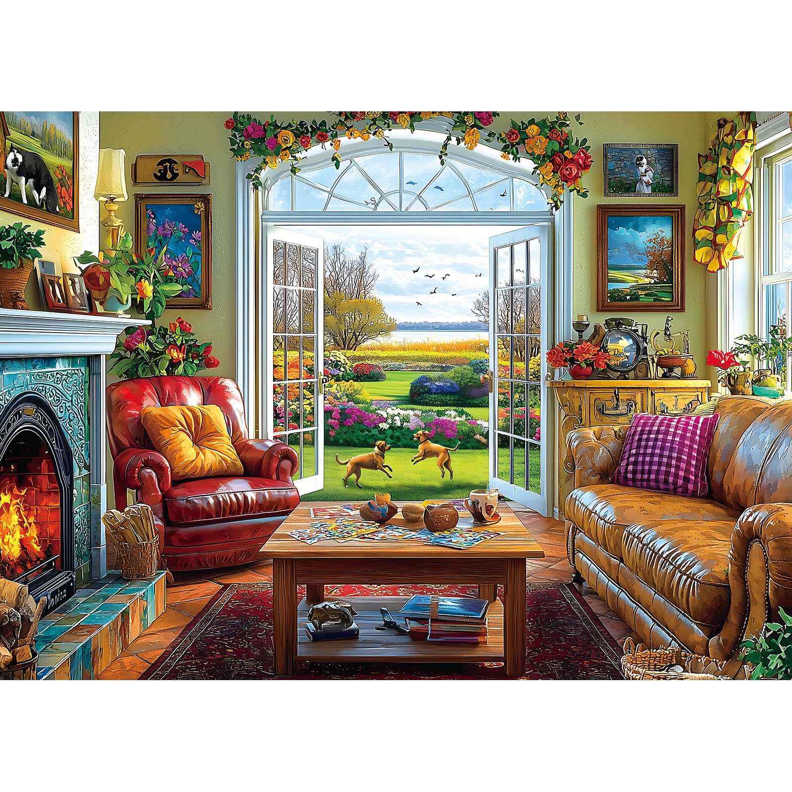 Sunlit Garden 1000 Piece Jigsaw Puzzle for Adults, Indoor Living Room Scene with Floral D…