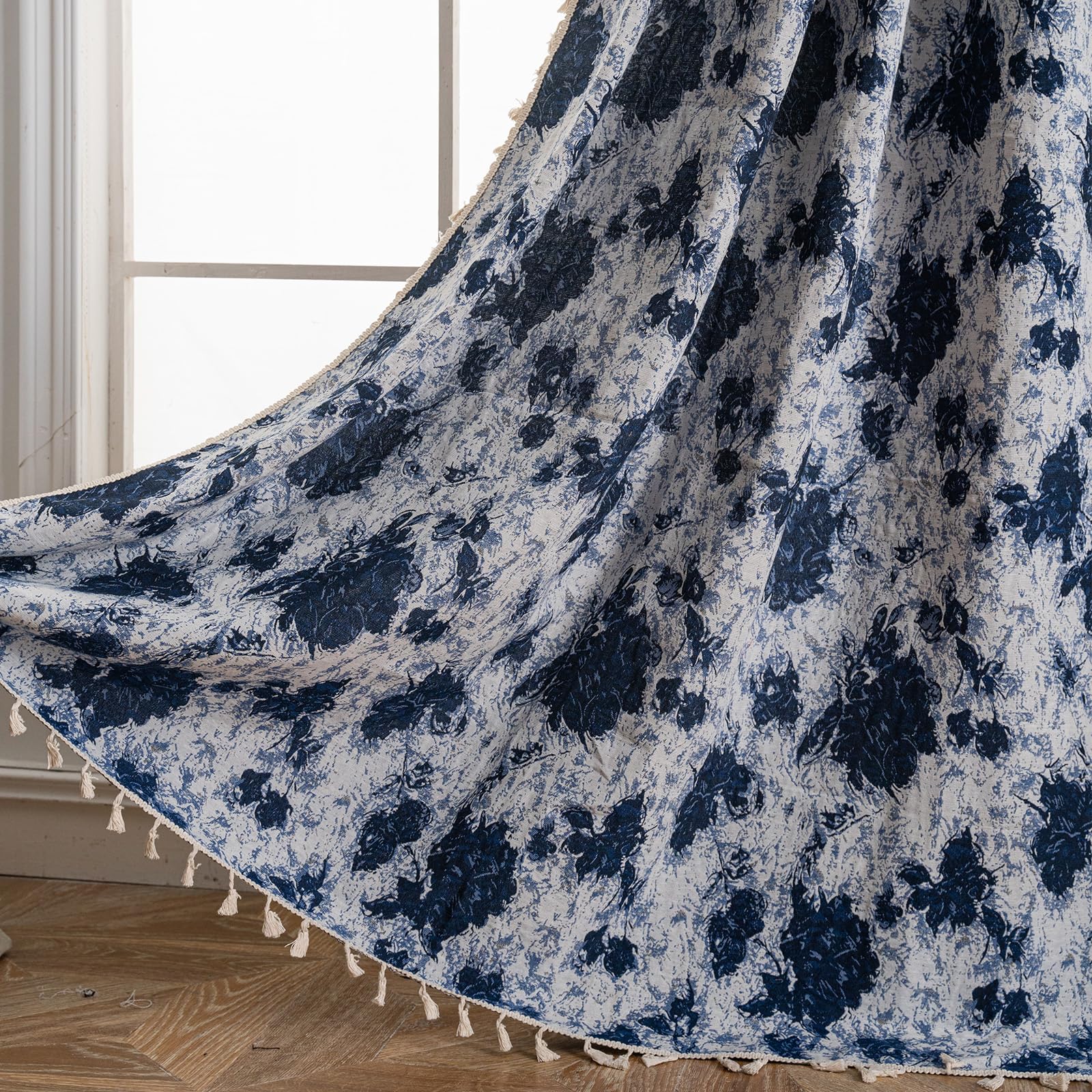 USTIDE Extra Long Vintage Jacquard Curtain 150cm x 240cm Floor Length, Blue Graffiti Floral Pattern, Rod Pocket Room Darkening Drapery for Bedroom & Living Room