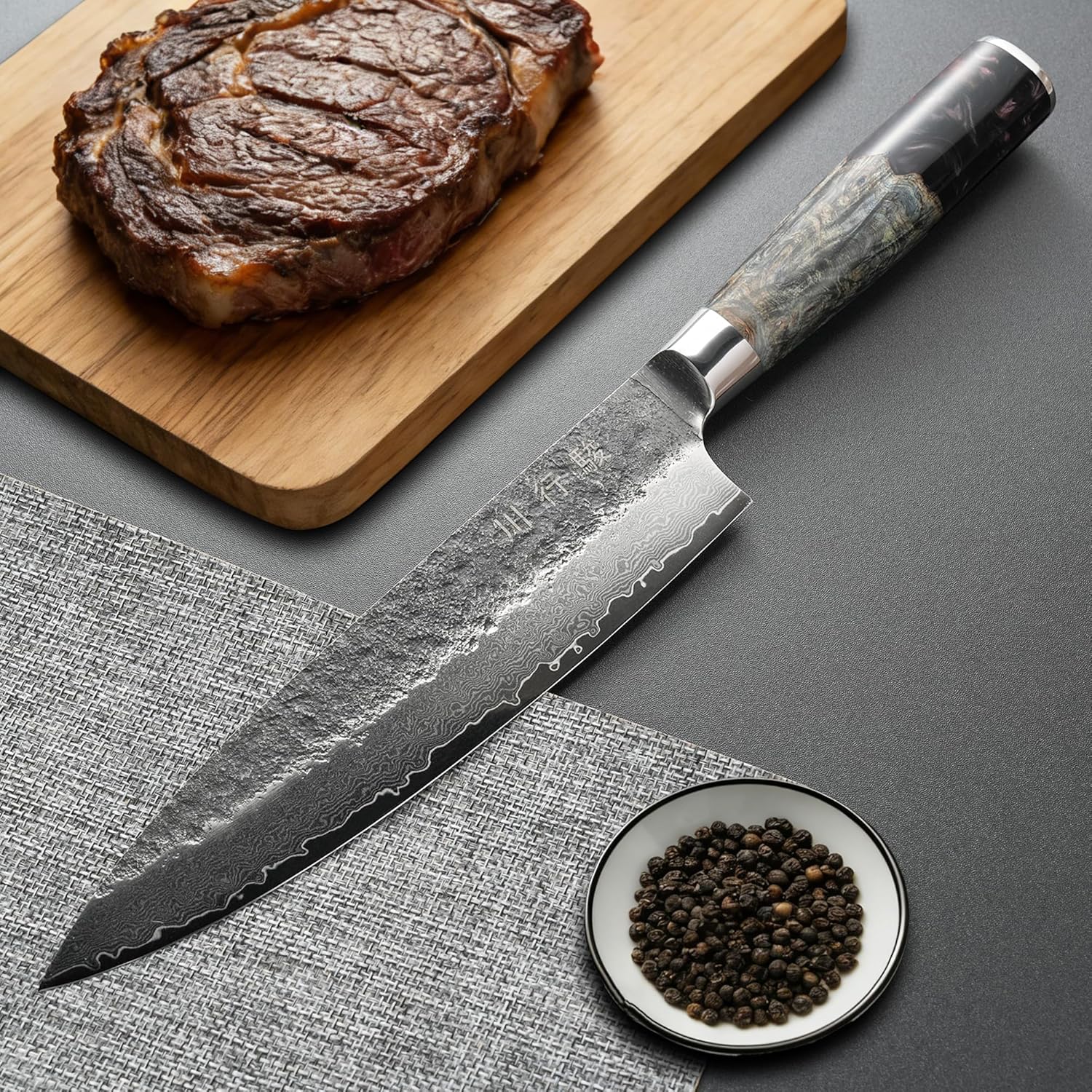 Japanese Chef Knife, 8 Inch VG10 Damascus Kitchen Knife, Professional Black Forged Kitchen Knives with Ergonomic Handle, Sharpening Stone & Luxury Gift box, Perfect Birthday Gifts for Men Women