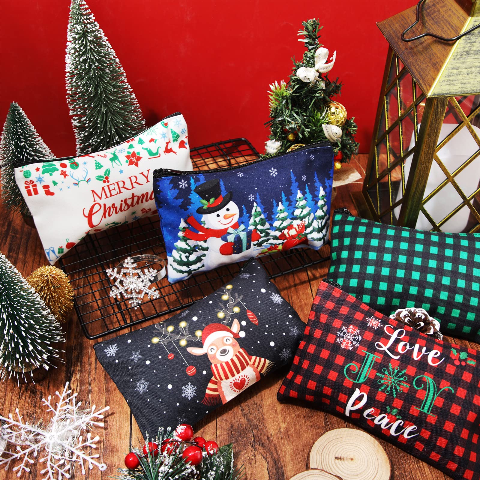 Saintrygo Christmas Makeup Bags Bulk Christmas Gifts Plaid Cosmetics Bag Merry Christmas and Santa Goodie Bags with Snowman, Reindeer, Christmas Bell for Women Travel Toiletry, 15 Styles