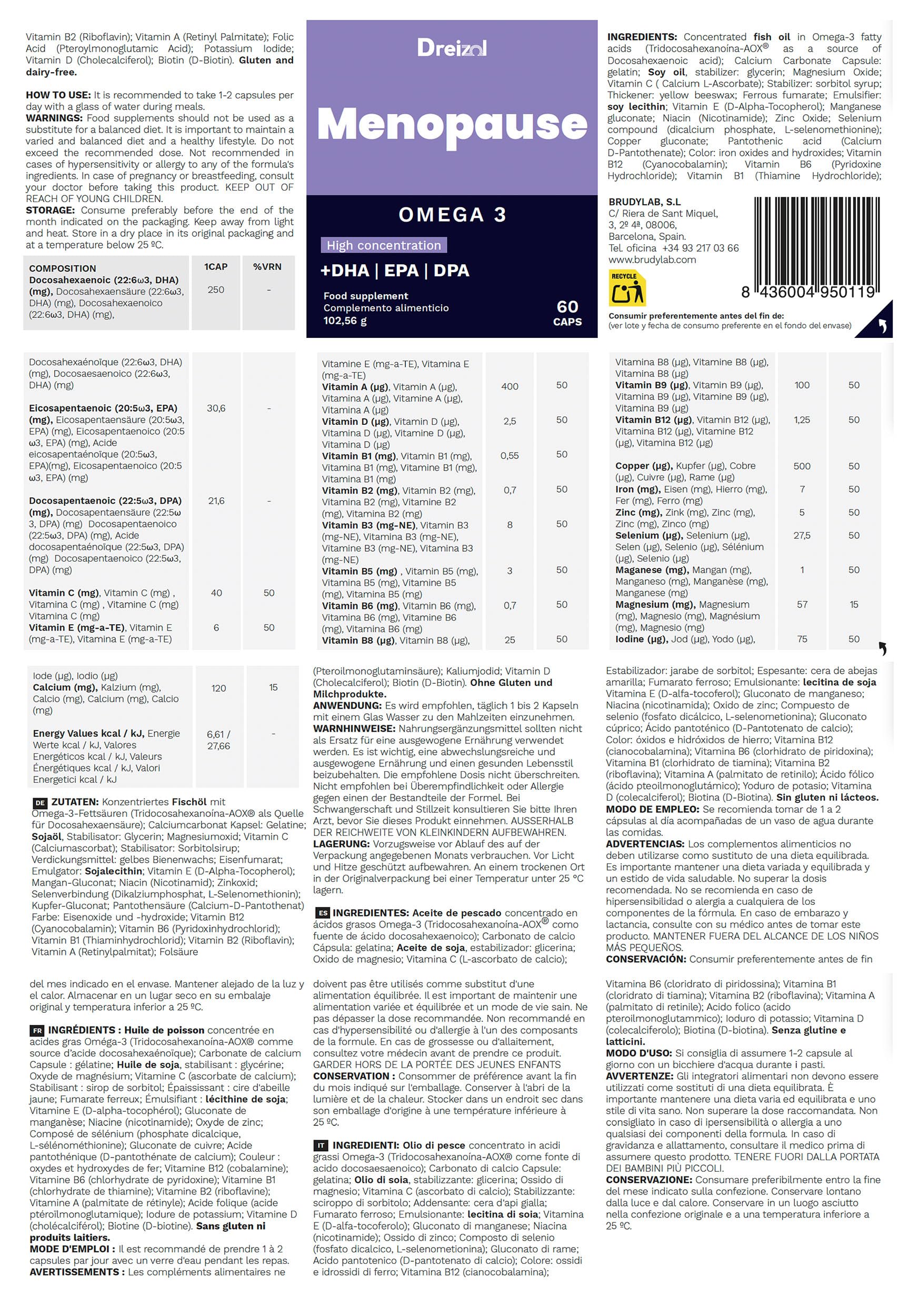 by Brudy Lab - Omega 3 Menopausia - 8 en 1– Cápsulas con DHA, EPA y DPA en Triglicéridos, con Vitaminas y Minerales - Alivia los Síntomas de la Menopausia - Sin Gluten ni Lácteos - 60 Cápsulas