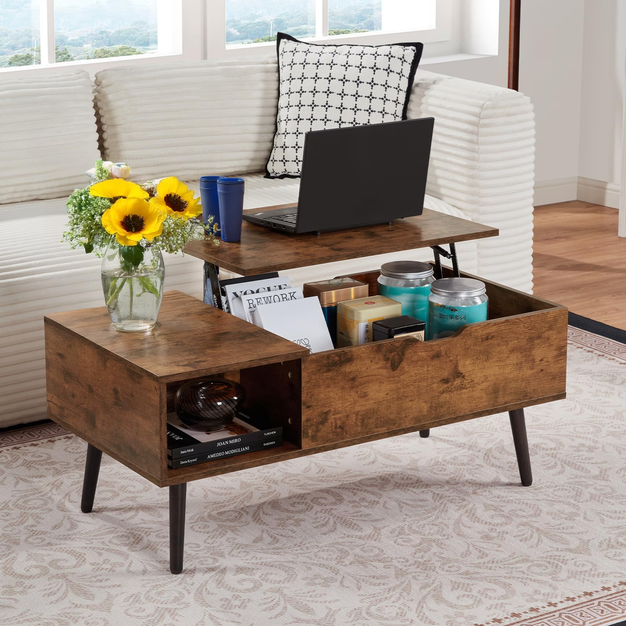 39 Wood Coffee Table with Lifting Top Living Room Tables with Compartment Dining Table with Storage Shelf Small