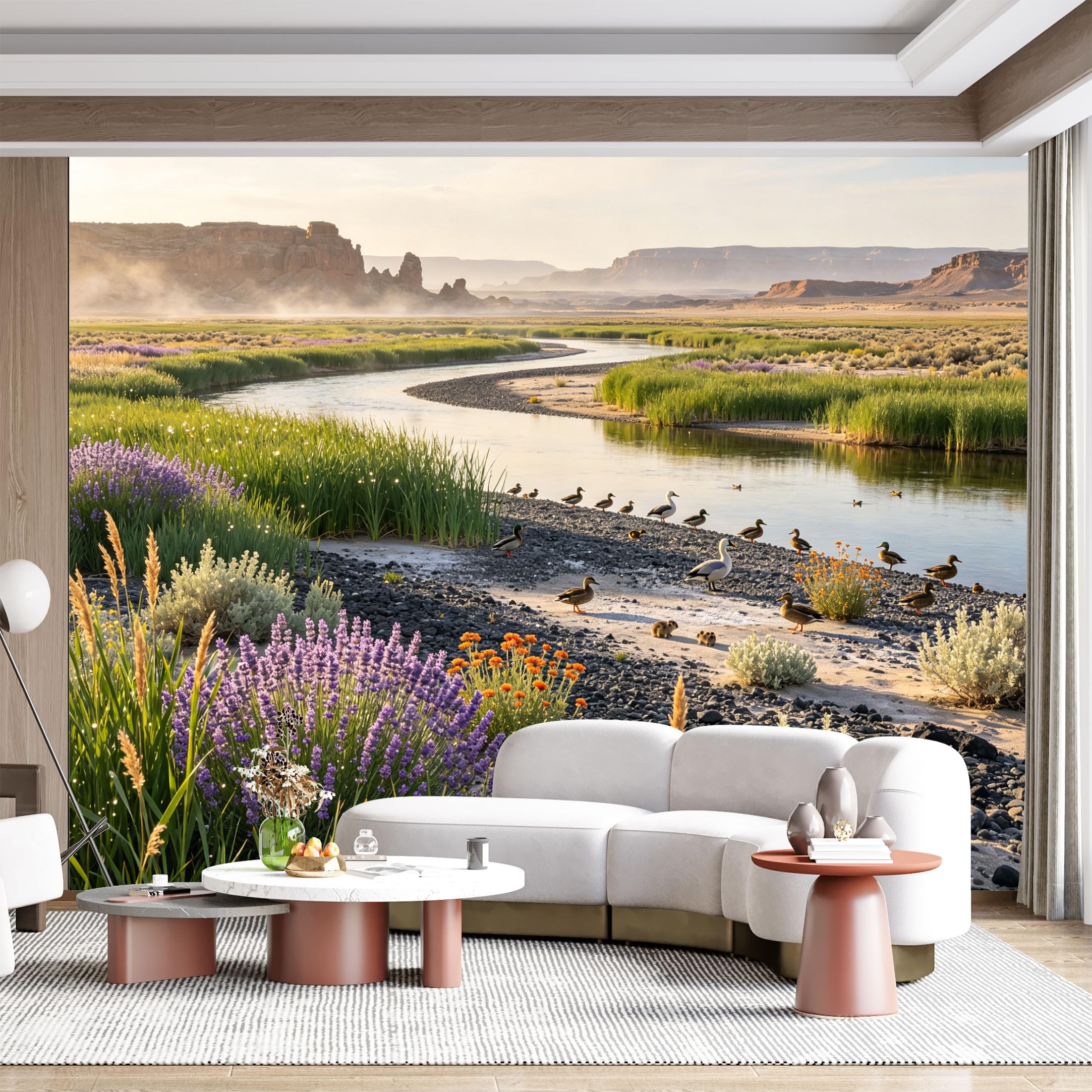 Custom Size Wall Mural Serene River Landscape Wildlife Ducks Floral Botanical Seascape SelfAdhesive Wall Fabric Removable for Home Office Decor