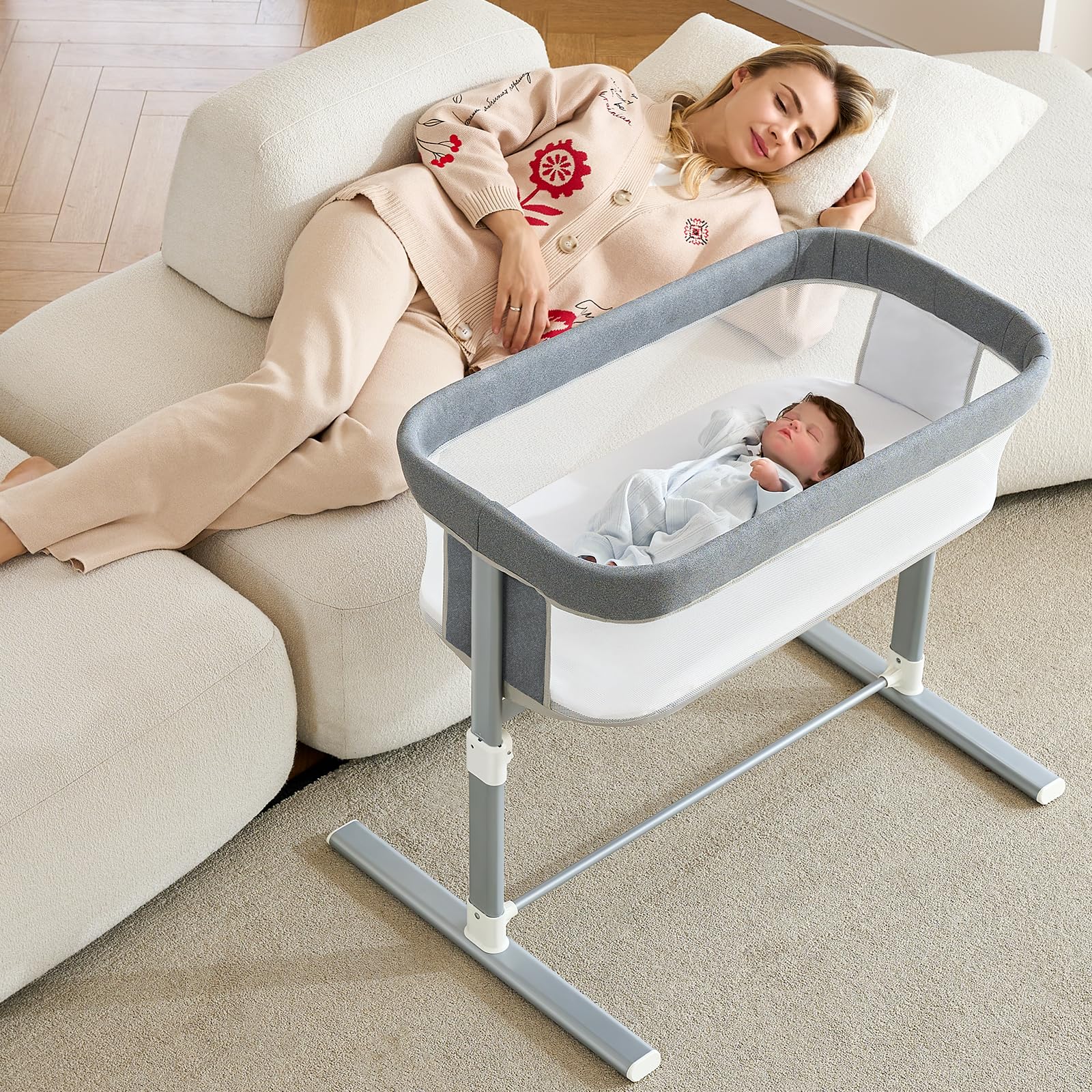 VaVaSooBaby Bassinet Lightweight, Travel Portable Bassinets for Baby, Easy to Assemble Adjustable Height Bedside Crib with Waterproof Mattress, Breathable Mesh Newborn Infants Bedside Sleeper, Grey