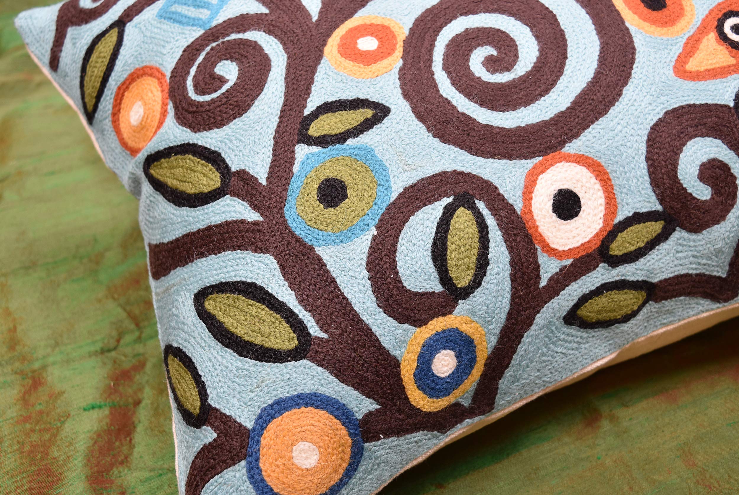 Kashmir Design Federa Cuscino Klimt 45x45 Cm - Ricamata A Mano In Lana, Albero Della Vita Con Uccelli, Fronte Lana Retro Tela, Chiusura Cerniera