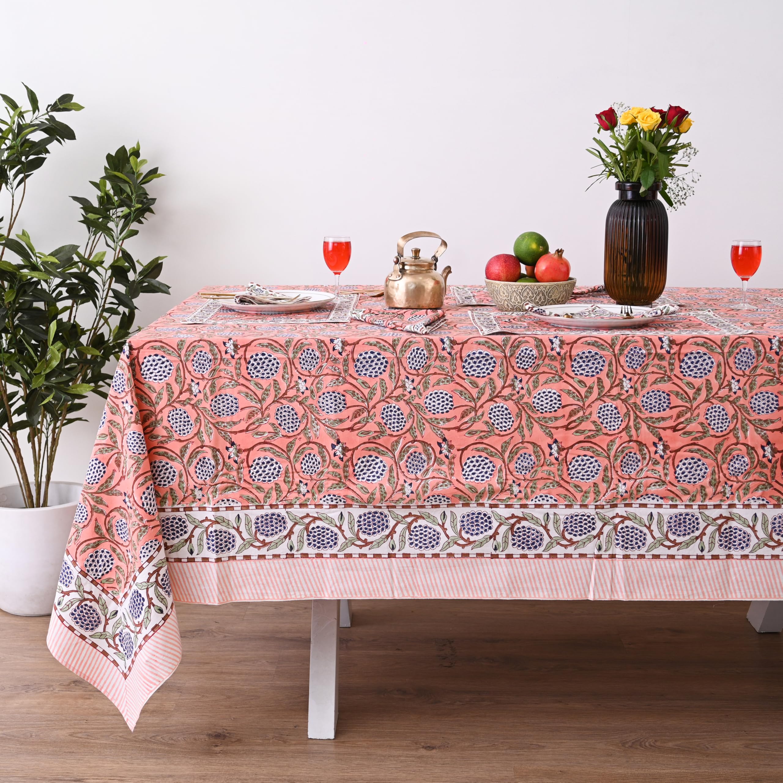 UrbanWeavers Hand Block Printed Tablecloth, Colorful Floral Print, Indian Artisan Handmade Art, Dining Room, Kitchen, Outdoor Décor, (Dark Salmon Pink, 12 Seater 72 x 135 Inches Rectangle) — image 1