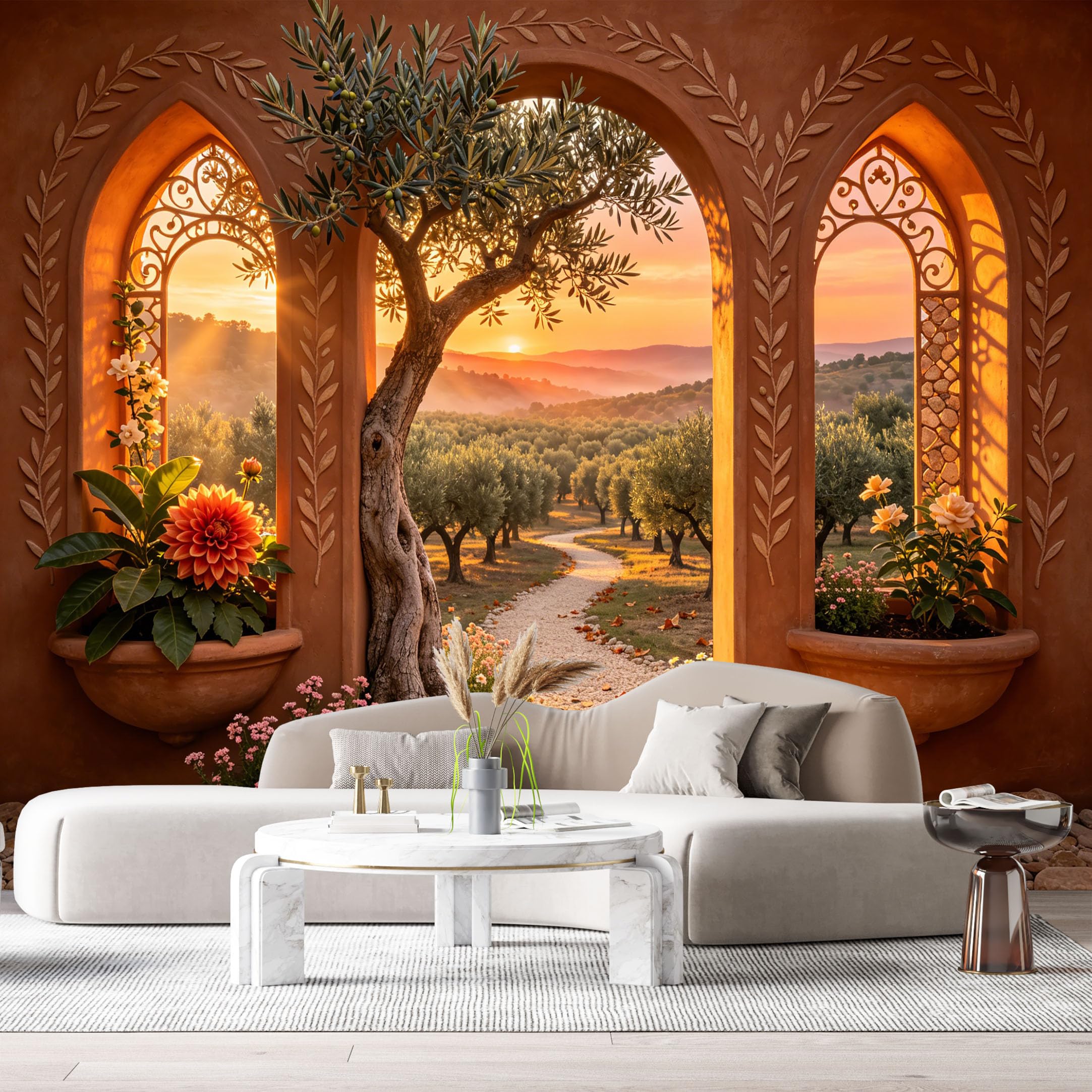 Custom Size Wall Murals Mediterranean Archway Sunset Mountain Landscape 3D Trompe L'Oeil SelfAdhesive Wall Fabric Removable Large Wallpaper for Photo Living Room
