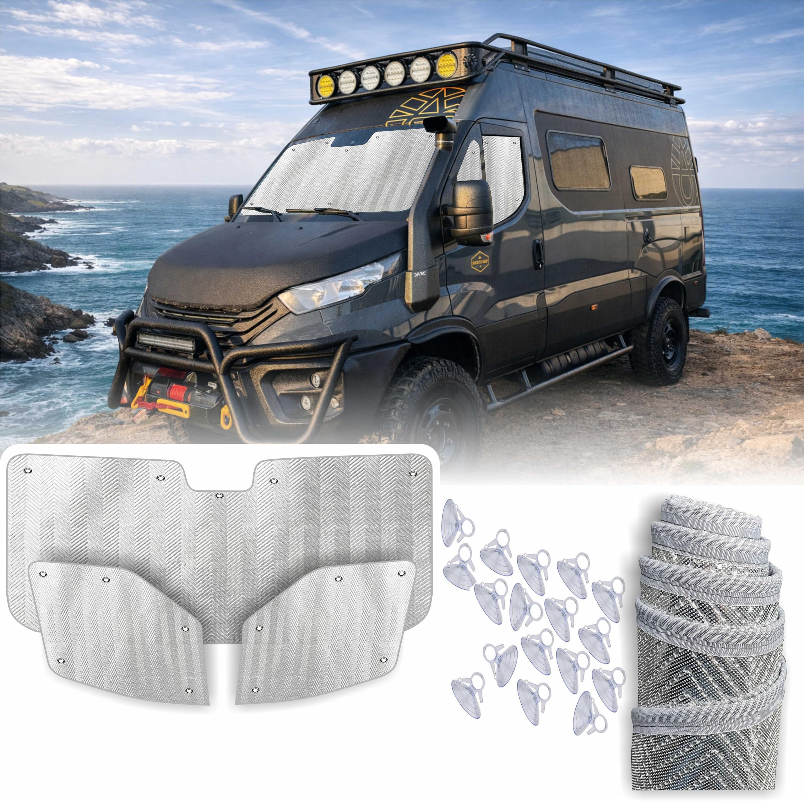 MJS Komplet osłon termicznych do przednich szyb i okien, kompatybilny z Iveco Daily 2014-2026 (3 sztuki) Termiczny ekran okien kabiny samochodowej z przyssawkami, osłona przeciwsłoneczna do izolacji