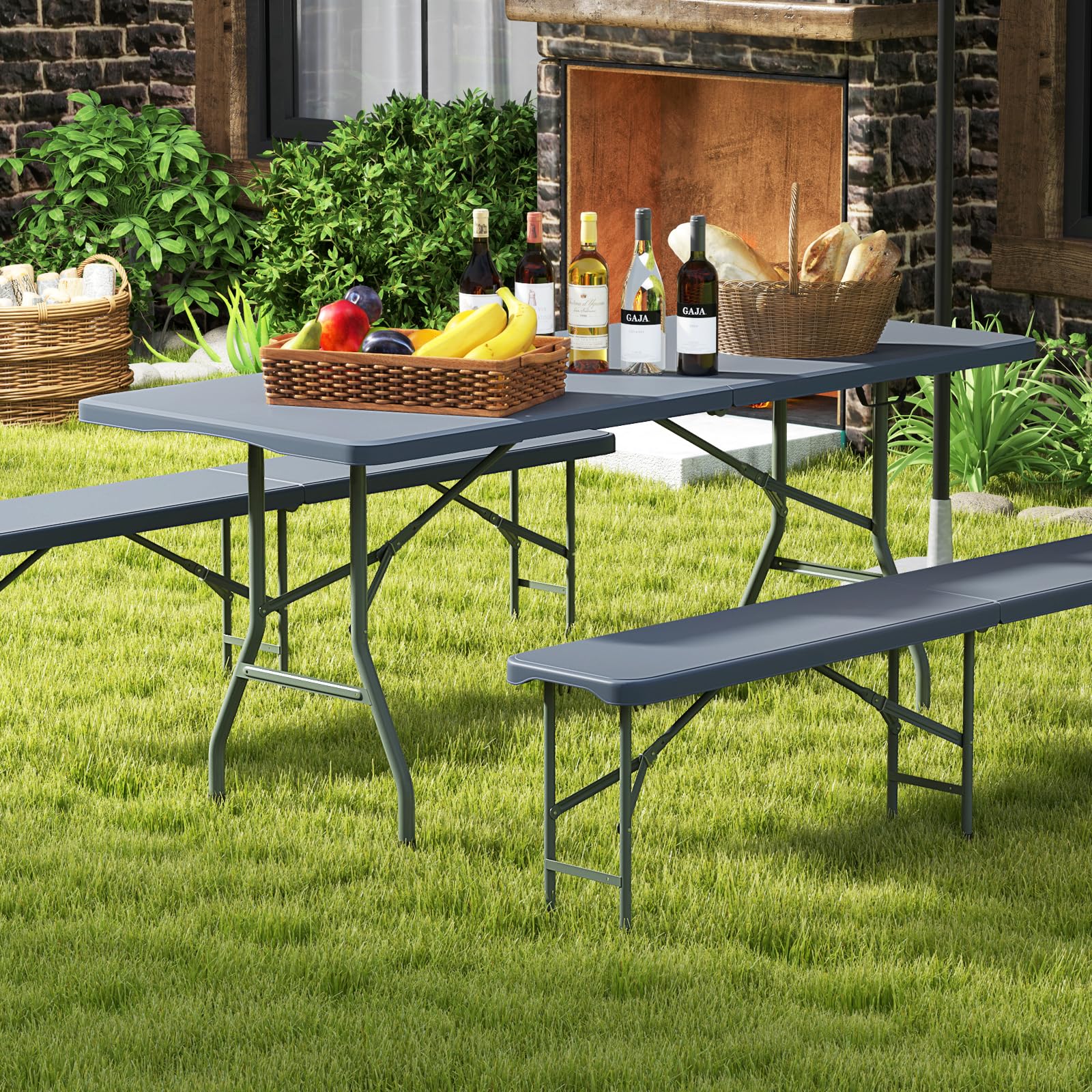 COSTWAY Tavolo Pieghevole Portatile da 180 cm, Tavolo da Campeggio in HDPE, Meccanismo di Blocco Sicuro, Tavolo da Picnic con Maniglia, Portata 160 kg (180 cm,Grigio)