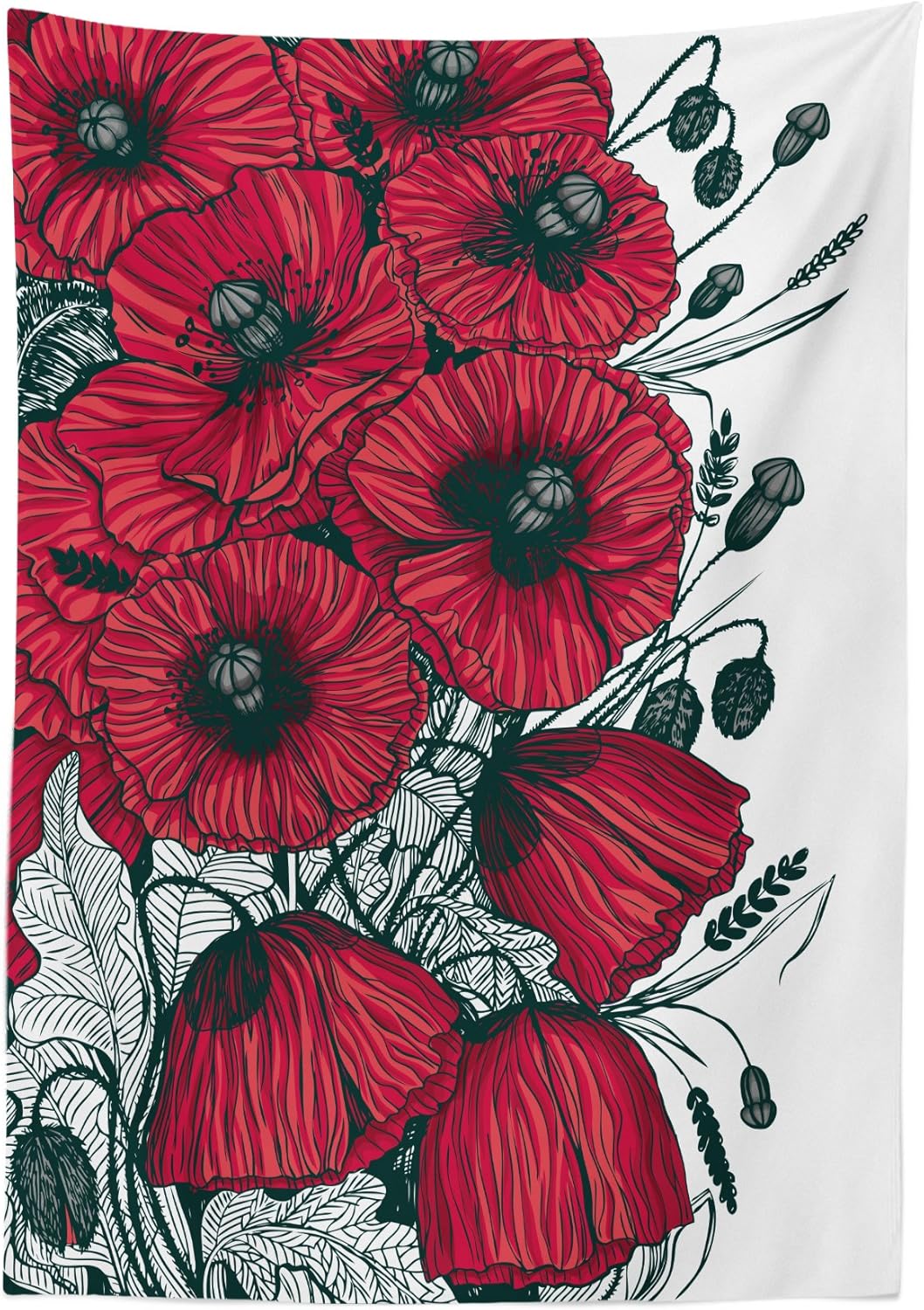 Ambesonne Floral Tablecloth, Large Poppy Flower Florets Romantic Rural Bouquet Botany Art Design, Rectangular Table Cover for Dining Room Kitchen Decor, 60" X 90", Green Vermilion 60" X 90" Green Vermilion