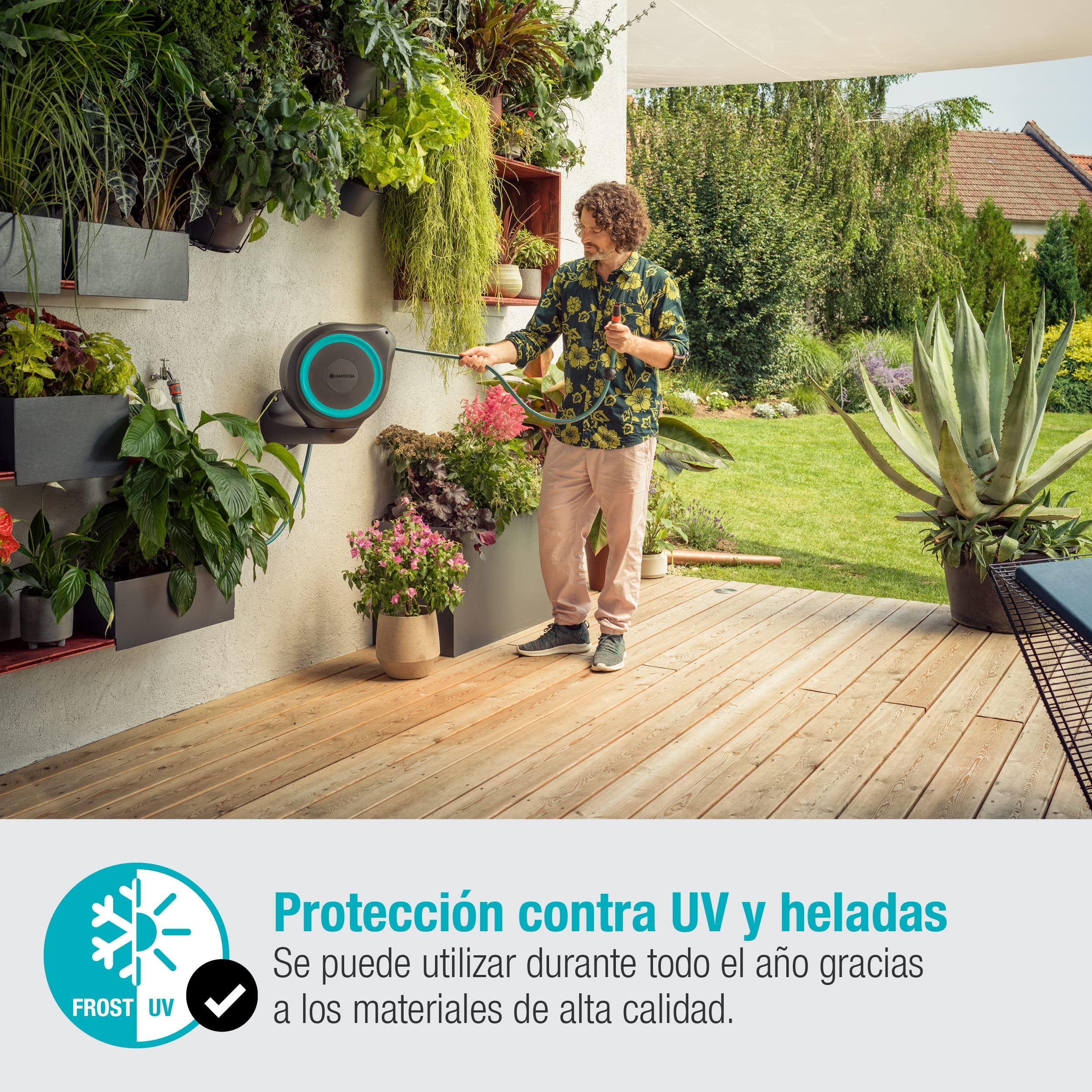 Gardena Carrete de Manguera Rollup S (Turquesa) de 15 M: Riego Flexible Jardines Pequeños, Tambor Giratorio, Soporte Pared, Piezas de Sistema y Aspersor, (18600-20)