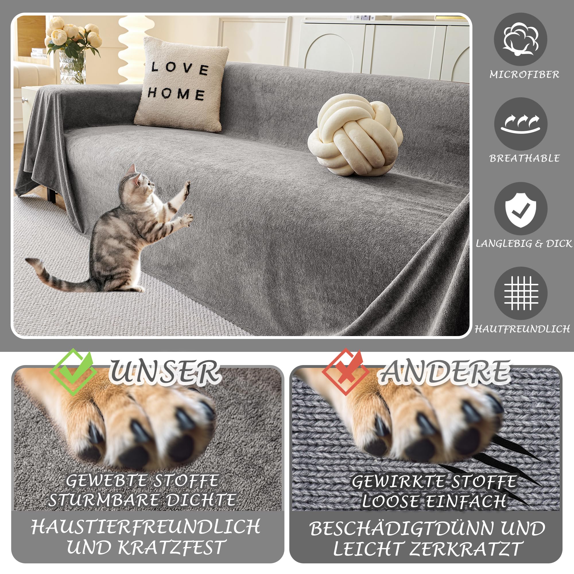 MYSKY HOME Sofa Überzug Kratzschutz Sofa Katze - Sofabezug 2 Sitzer, Sofaüberwurf Waschbar, Couch Überzug L Form, Überwurfdecken für Sofa Schutzdecke, Sofaschoner 180 x 300cm, Grau