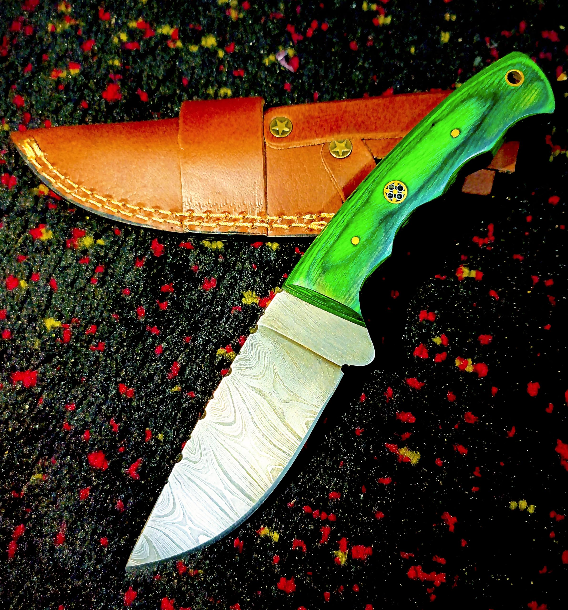 Damascus Knives Handmade- Fixed Blade Hunting Knife-Hunting Knife Best Damascus Steel Blade Skinning Knife With Sheath Belt Loop (Green)