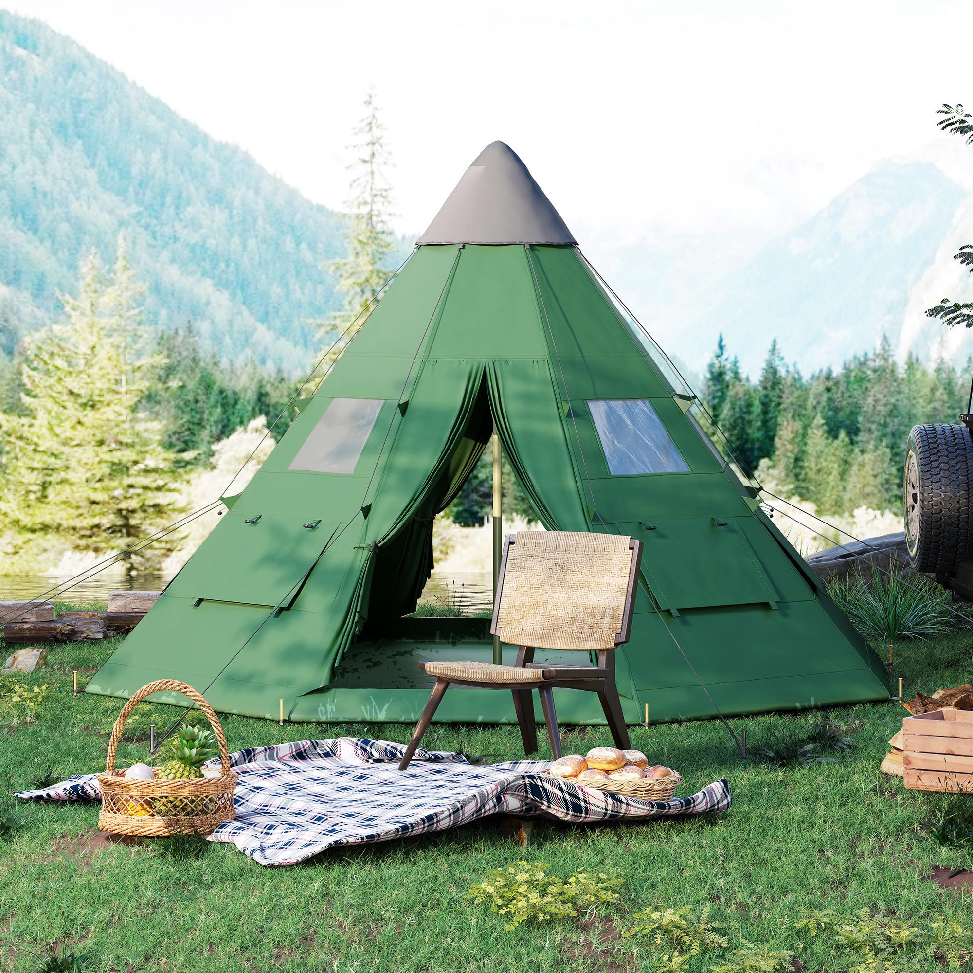 Outsunny Tente Tipi pour 6 hommes, avec fenêtres en maille, sol cousu, deux portes et sac de transport, installation facile, pour randonnée, pique-nique, nuit en plein air