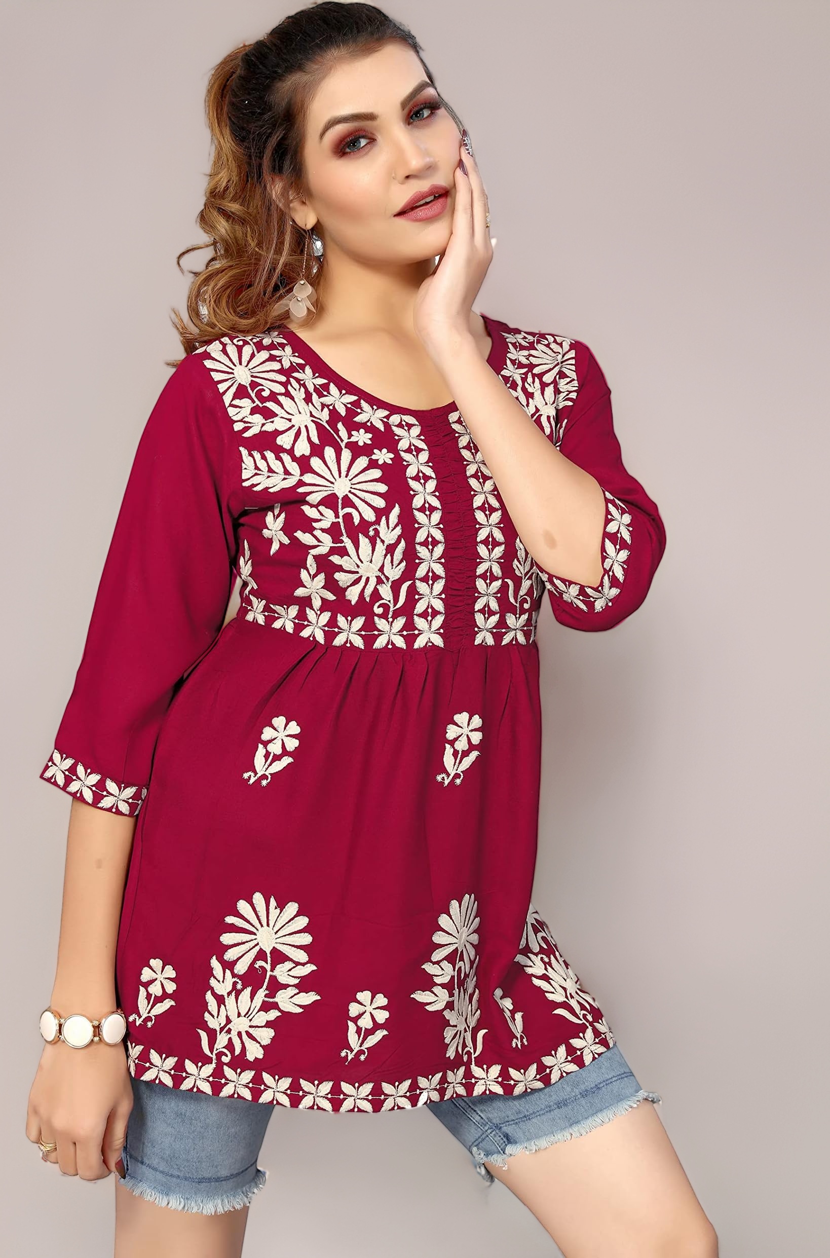 Bee M Pee Designer Short Kurti Tops for Jeans for Women I Chikankari Rayon Cotton Long Kurta Kurti for Women I Stylish wear Kurti top for Girls