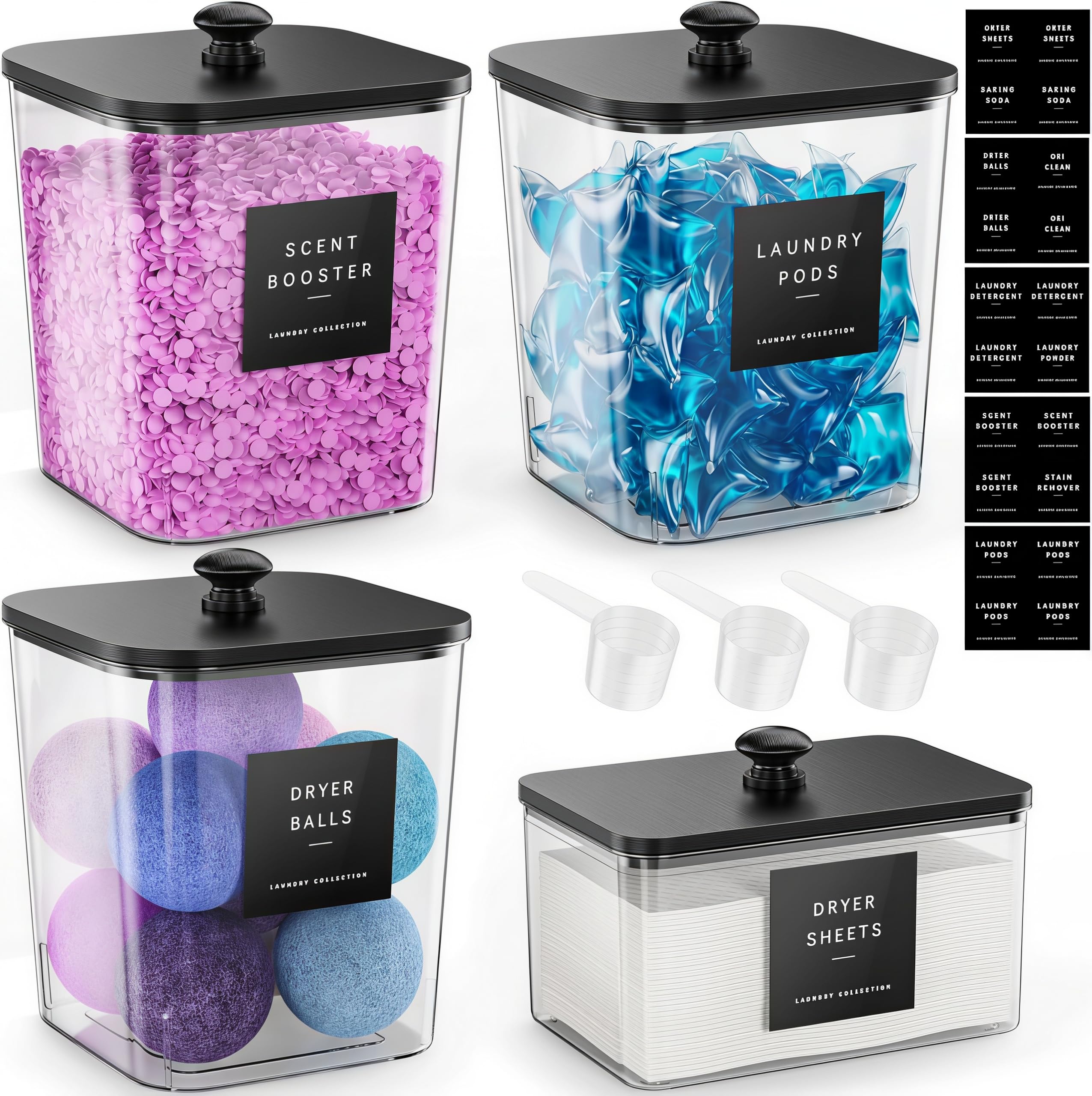 Pack of 4 Laundry Detergent Pods Storage, Washing Powder Glass Containers, Storage Jars with Lid, Airtight and 20 Stickers, Flour Container, Black Wooden Lids & Labels, Acrylic (Black)